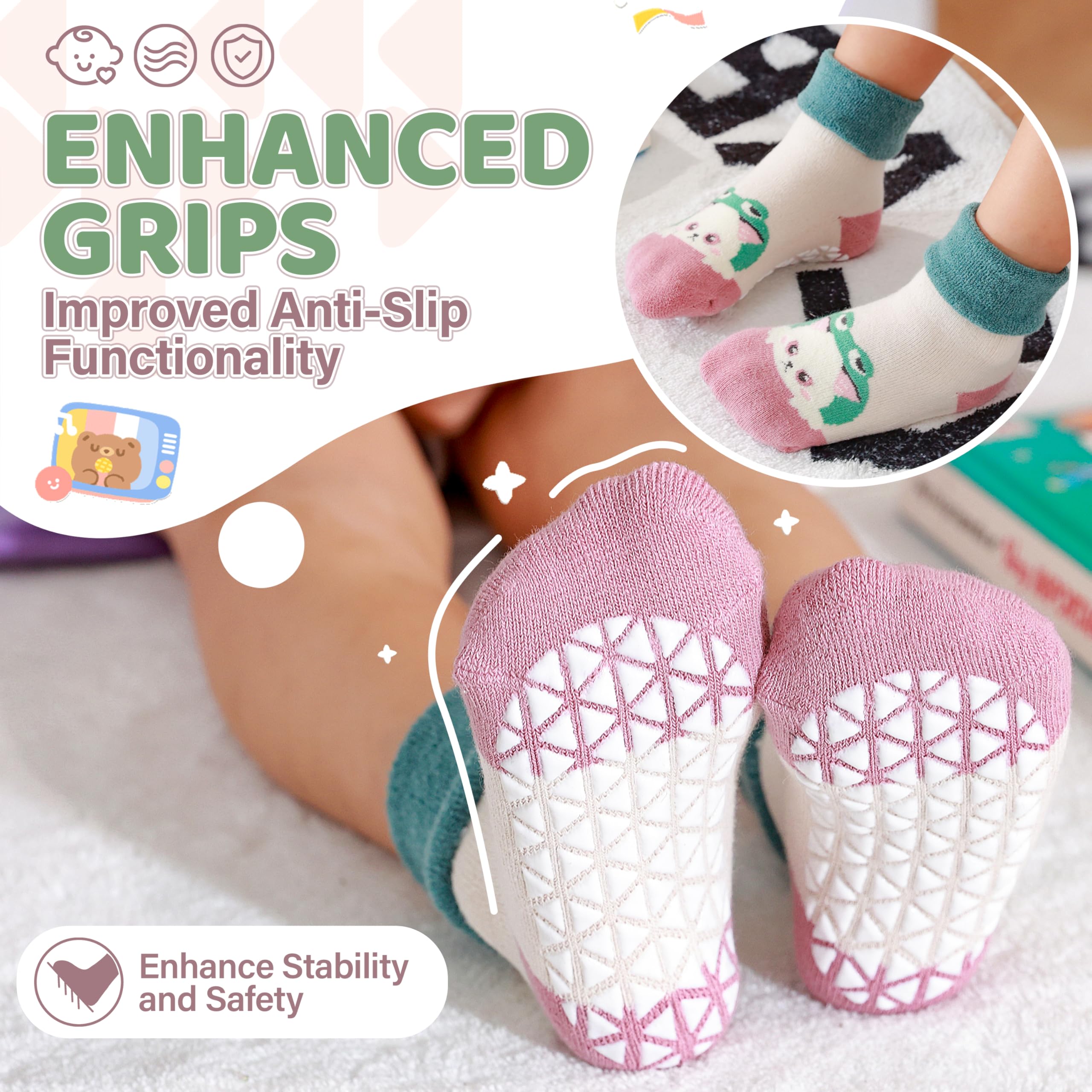 ANTSANG Baby Toddler Socks With Grippers Girls Boy Kids Unisex Winter Warm Thick Cotton Ankle Crew Non-Slip/Anti-Skid Socks 9 Pairs(Cartoon Animal,1-3T)