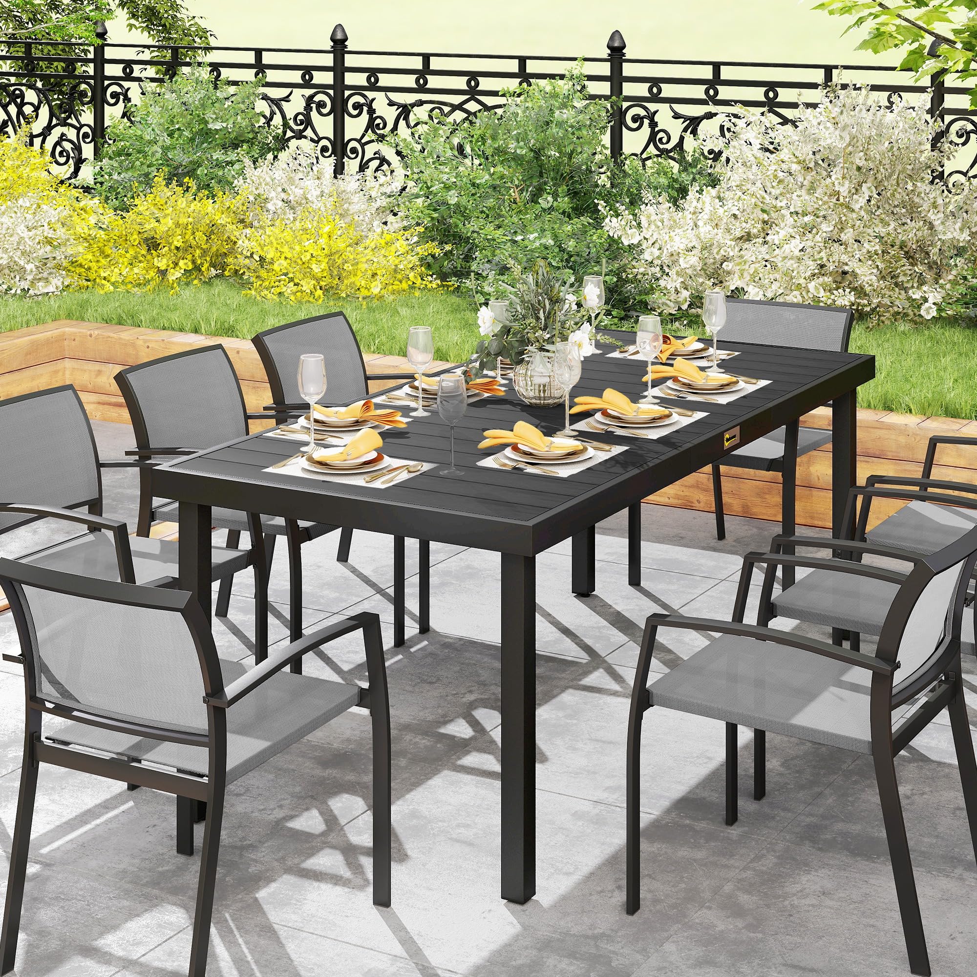 Outsunny Mesa de Comedor Exterior de Aluminio, Mesa de Jardín Exterior para 8 Personas con Encimera de Listones, para Terraza, Balcón, 190x90x74 cm, Negro