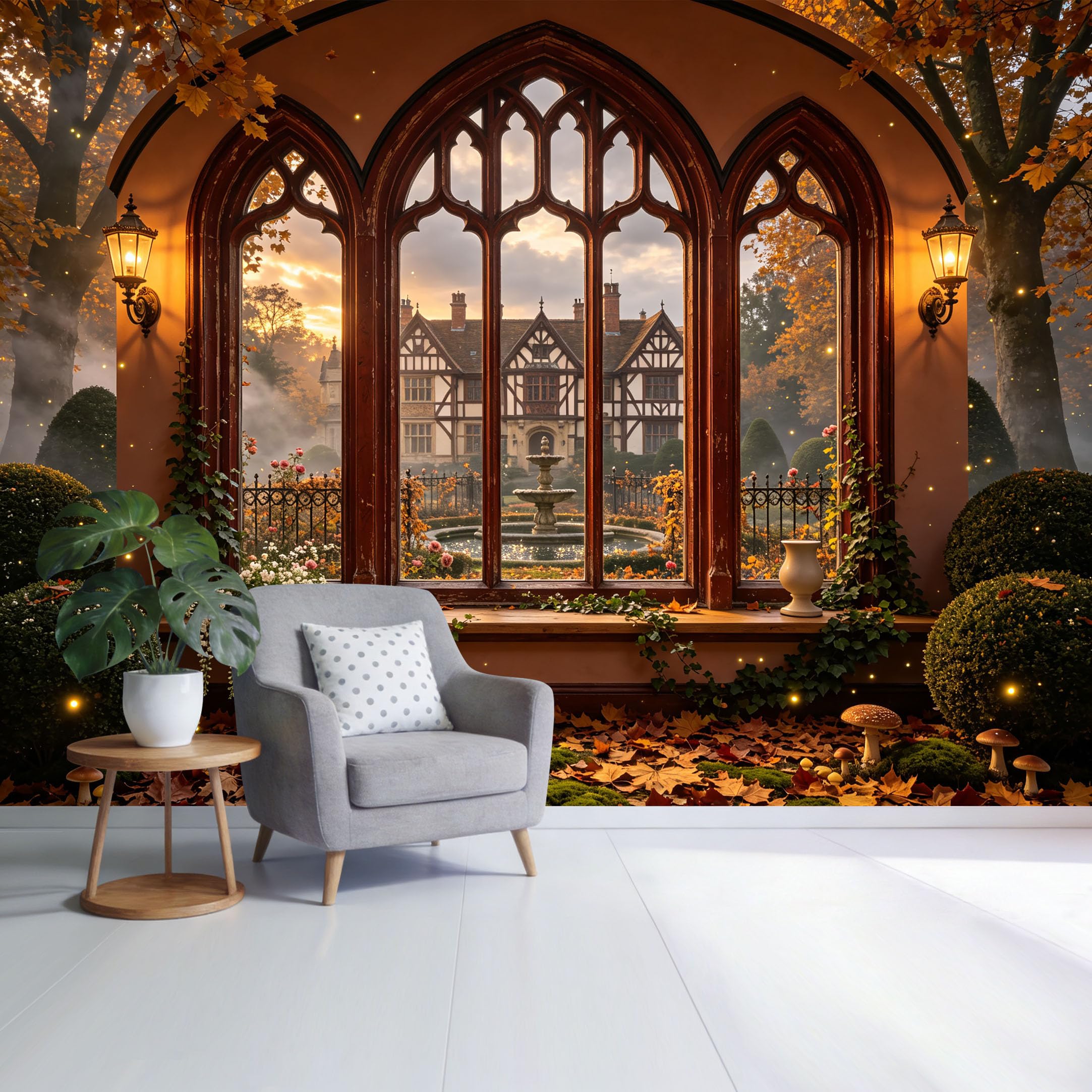 Custom Size Wall Mural Gothic Window Scenic Manor Autumn Forest 3D Trompe L'Oeil Removable Self Adhesive Fabric，Home Wall Decor for Living Room Bedroom Bathroom