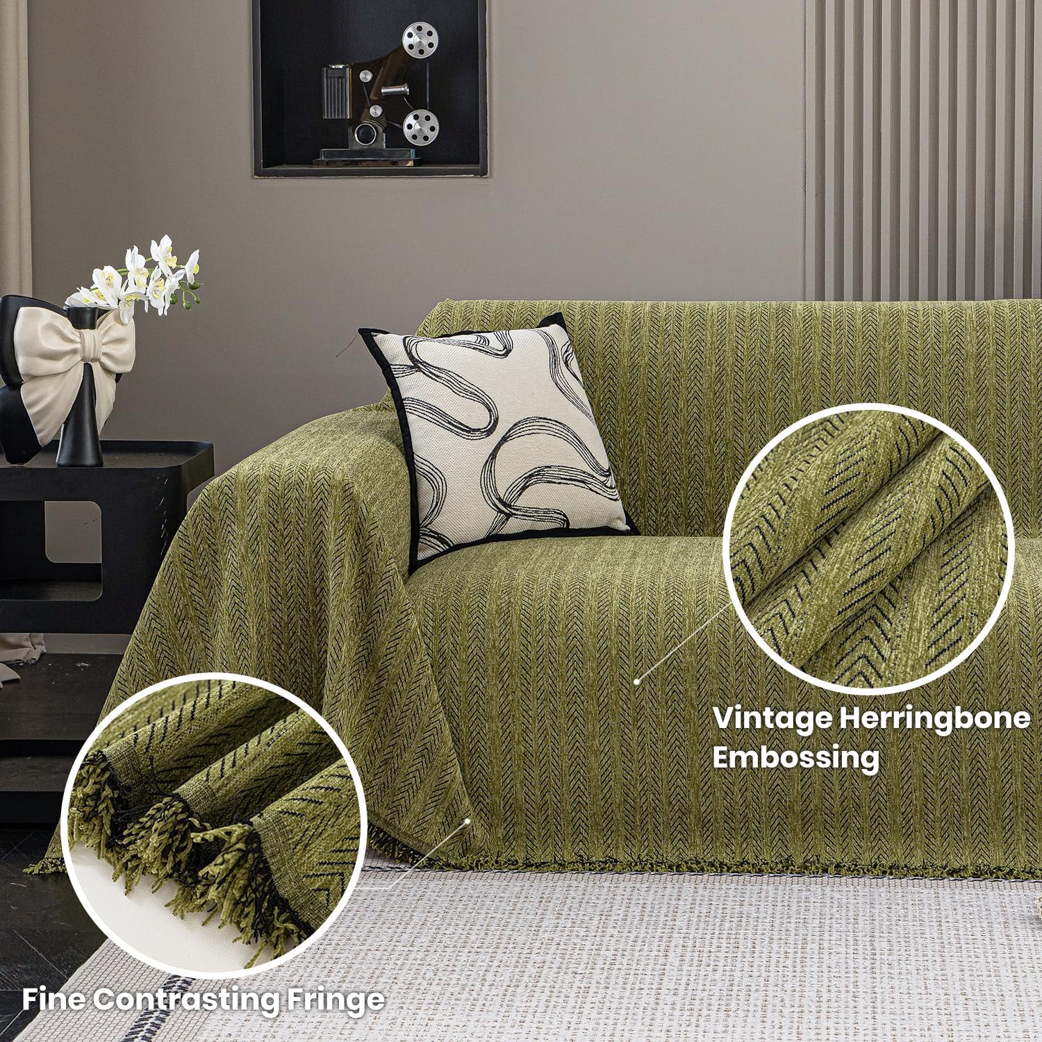 Weicher Chenille-Couchbezug, waschbar, dicke Sofa-Schonbezüge mit Quasten, Sektionsmöbelschutz, Kaffee-Weiß, 180 x 460 cm