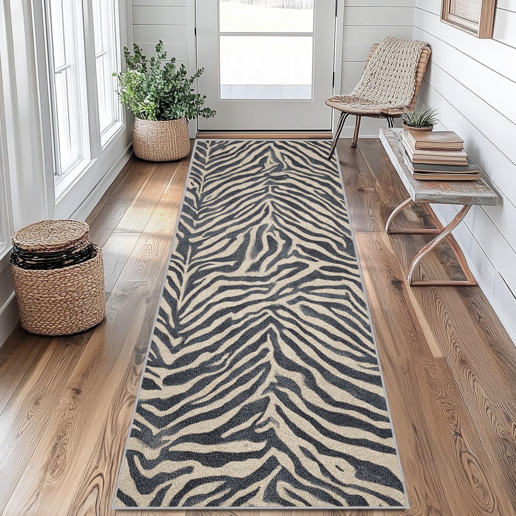 Tapis de Couloir 80 x 300 cm Zèbre Tapis Couloir Motif Animalier Rétro Passage Lavable en Machine Antidérapant Long Carpet Entrée Cuisine Chambre Salon Doux Poil Ras Rug