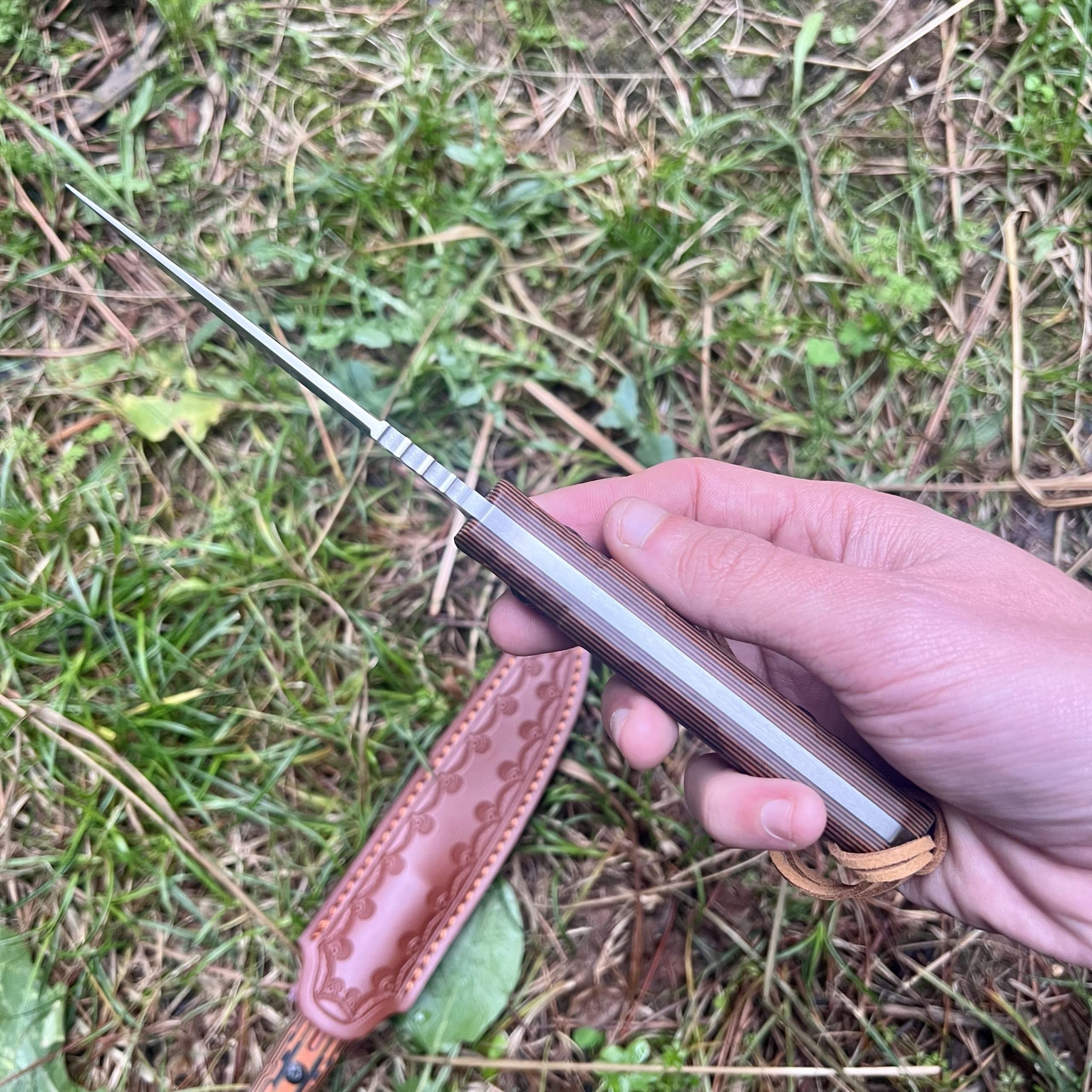 Coltello lama fissa acciaio D2 alta qualità sopravvivenza campeggio affilato fodero cuoio vegetale manico G10 Micarta collezione regalo uomo pesca full tang point robusto EDC bushcraft lusso solido
