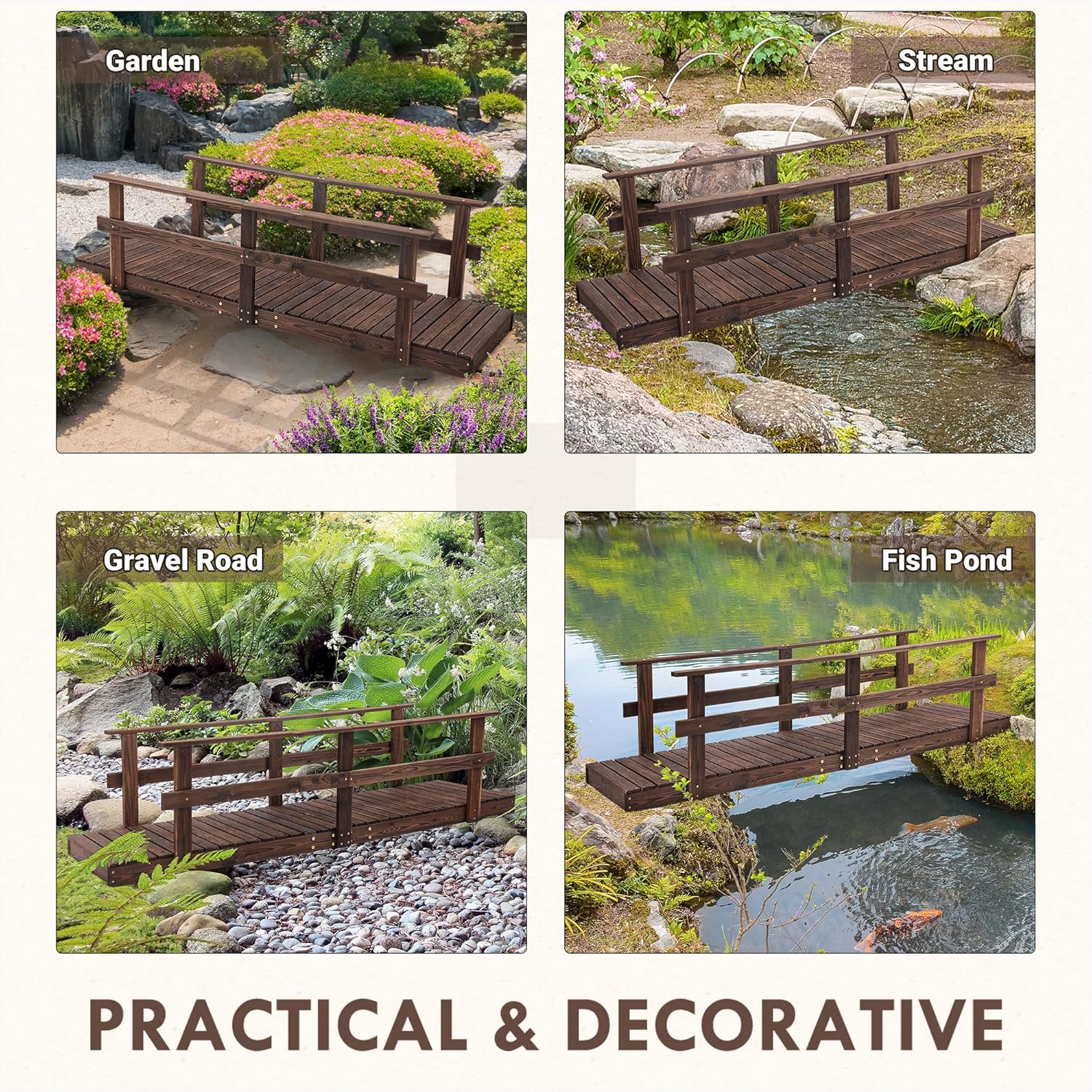 Outsunny 7' Wooden Garden Bridge with Safety Rails, Backyard Footbridge for Ponds, Creeks, Streams, Stained Finish