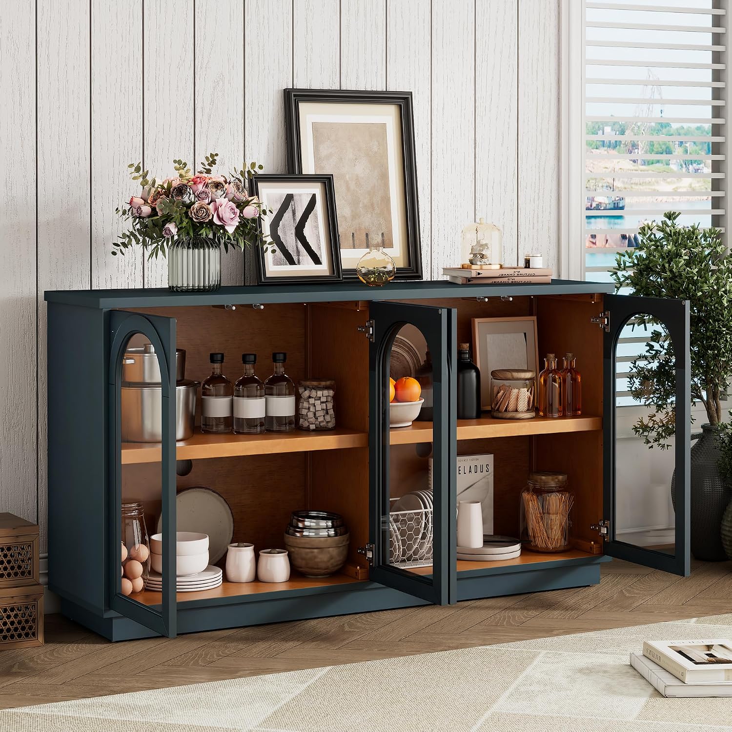 58 Inch Glass Buffet Cabinet, Modern Farmhouse Entryway Accent Case, Wood Modular Organizer with Glass 4 Doors & Shelf, Kitchen Buffet Table (Navy)