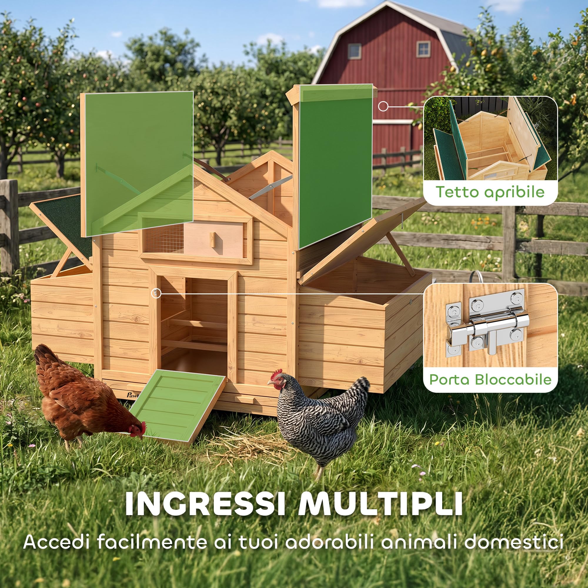 PawHut Pollaio in Legno con 2 Nidi, Pollaio per Galline da Esterno con Tetto Apribile Impermeabile, Vassoio Estraibile e Trespoli, Casetta per 2-4 Galline, Anatra, Giardino, 150x100x96.5 cm, Giallo