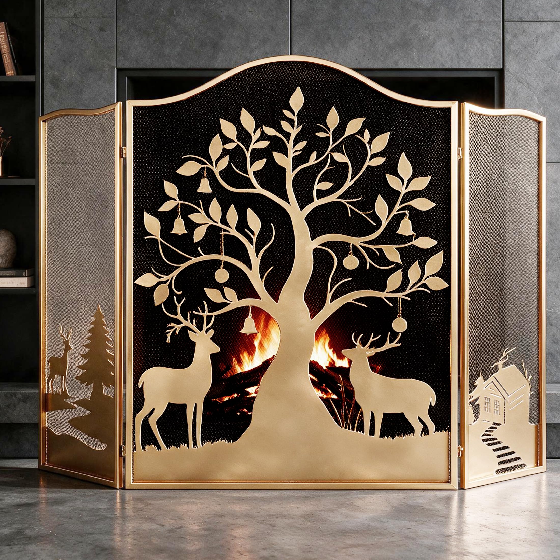 50" X 36'' Gold Fireplace Screen - 3 Panel Tree Pattern Fire Guard