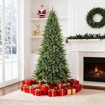 6ft Slim Artificial Christmas Tree, Unlit Tall Skinny Christmas Tree with 850 PE/PVC Realistic Branch Tips, Premium Memory Wire Hinged Xmas Tree with Metal Foldable Base for Holiday