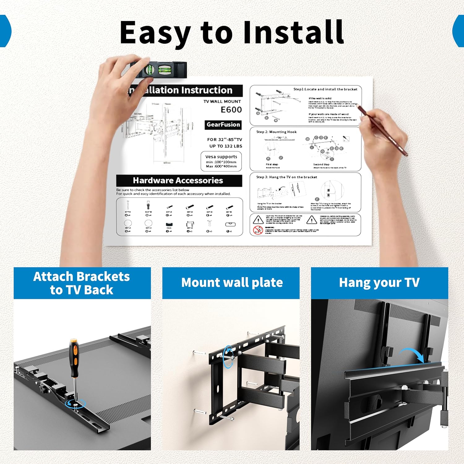 GearFusion TV Wall Mount for Most 32-85 inch TVs, Full Motion TV Bracket with Swivel Tilt Extension, Dual Articulating Arms TVs Mount Fits 12”/16” Wood Studs Up to 132lbs, Max VESA 600x400mm