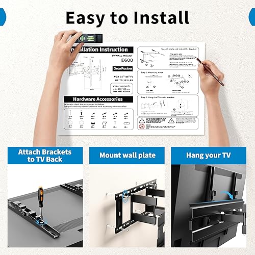 Miniatura 7 de GearFusion Soporte de pared para TV para la mayoría de televisores de 32 a 85 pulgadas de hasta 132 libras, soporte de TV de movimiento completo con