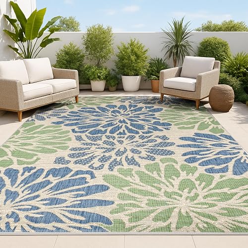 JONATHAN Y Zinnia Modern Floral Indoor/Outdoor Area Rug 8x10 Navy/Green, Pet-Friendly Low-Pile Flatweave