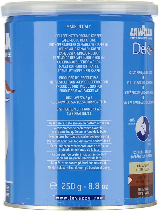 Lavazza Decaffeinato Decaffeinated Ground Coffee Tin 250 G
