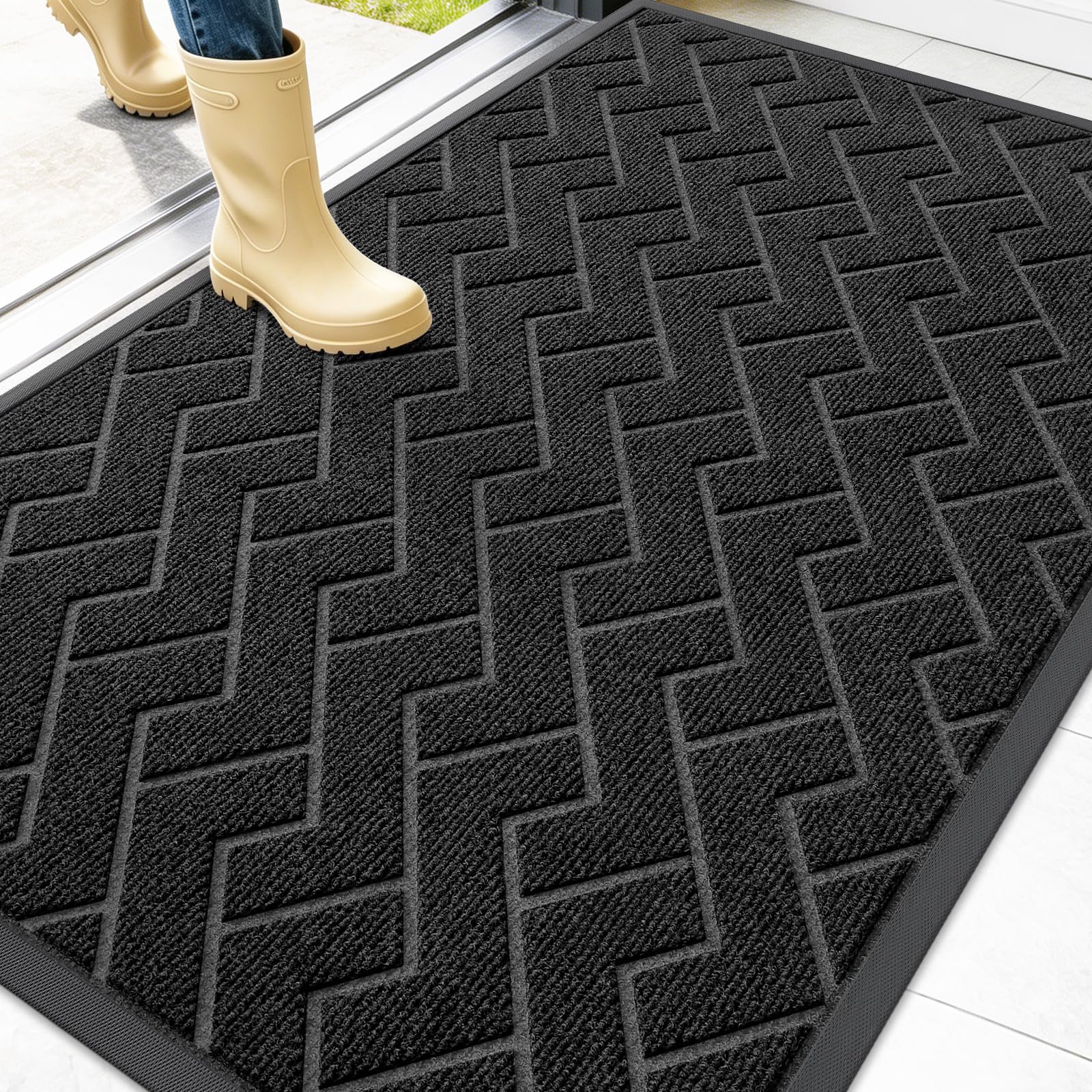 OLANLY Front Door Mat Outside 47x32, All-Season Absorbent Rubber Doormat | Black, Heavy-Duty, Stain and Fade Resistant, Waterproof Non-Slip Backing, Low-Profile Indoor Outdoor Floor Mat for Entryway