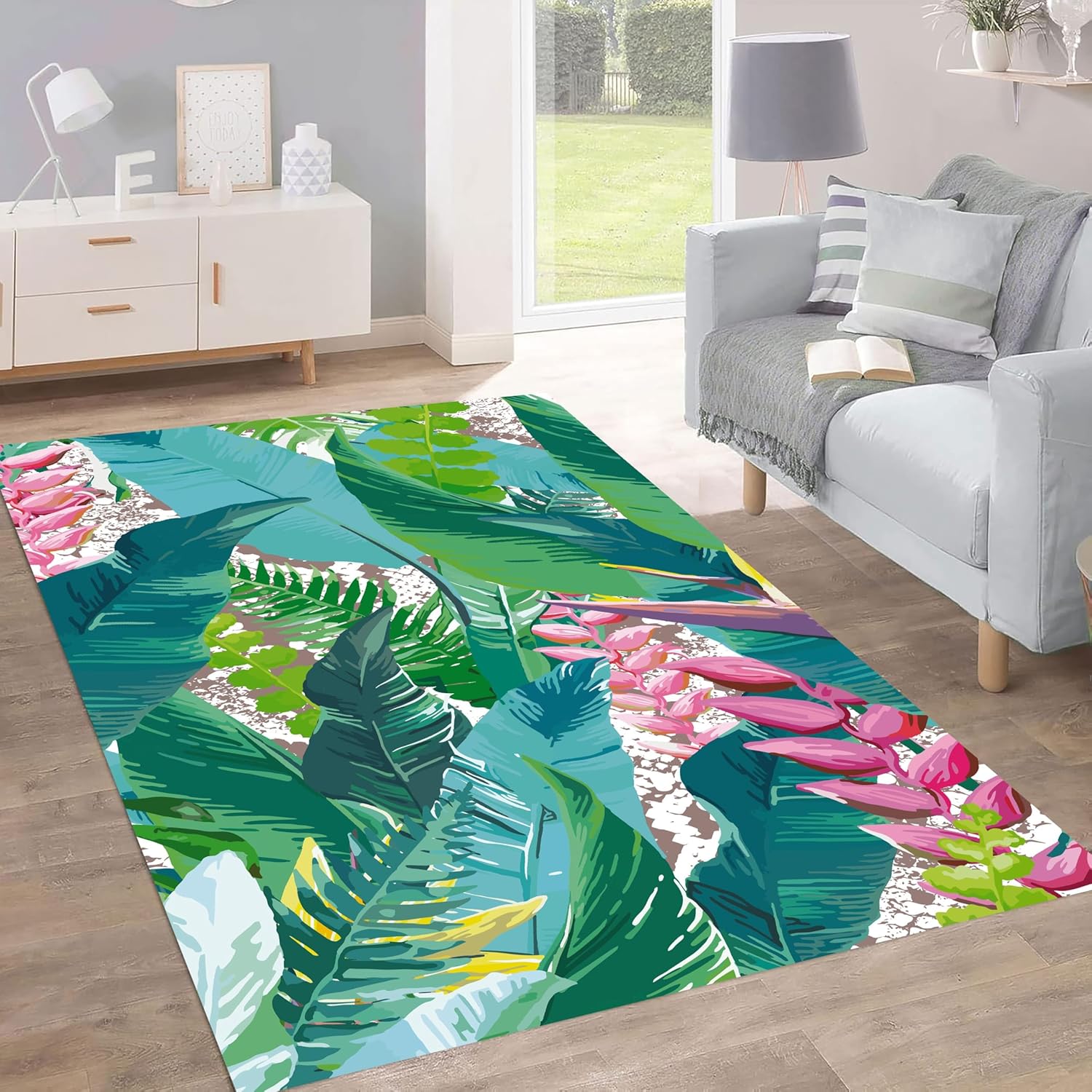 2x3ft Tropical Palm Leaf Area Rug - Green Plant Pattern, Non-Slip Washable Carpet for Living Room Bedroom, Bohemian Soft Durable Floor Mat, Indoor and Outdoor Decorative Carpet
