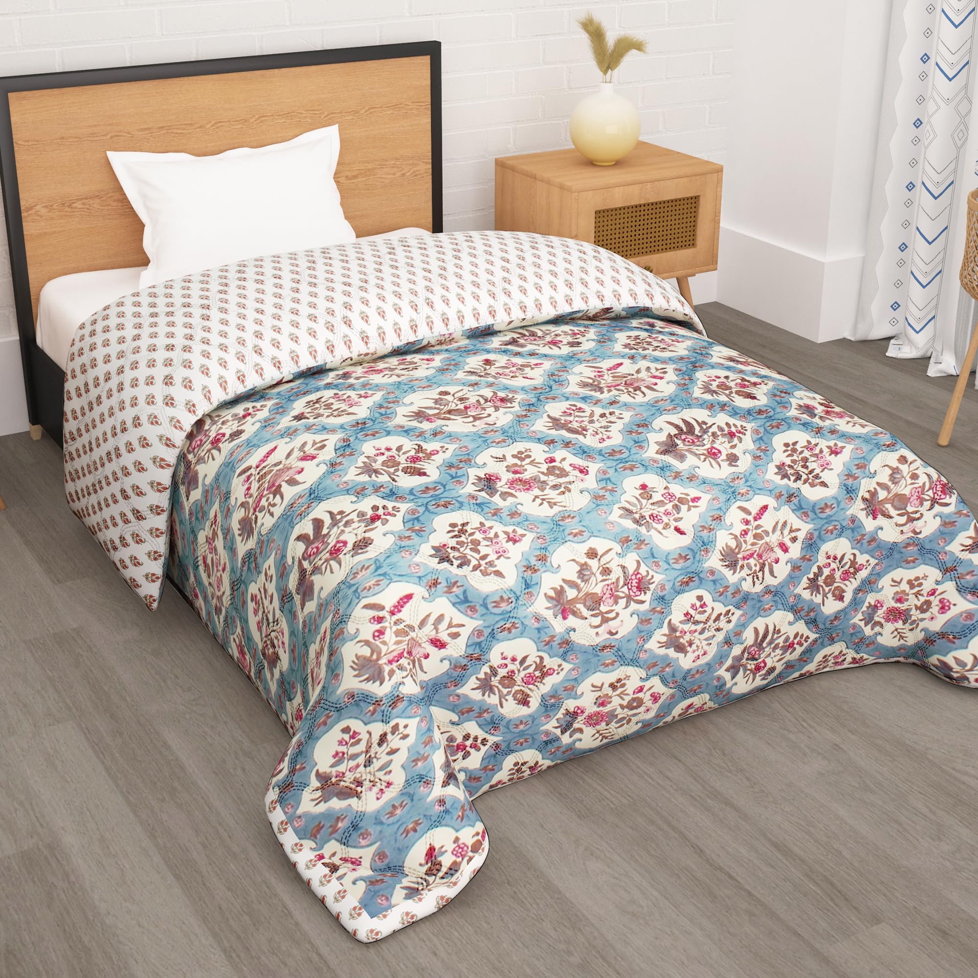 Story@Home Comforter Single Bed | 180GSM Microfiber Blanket | 150X 225cm | AC Comforter Single Bed | Cream & Blue Blanket | Floral Pattern | Quilt | Single Dohar | Perfect Festive Gifting-image-20