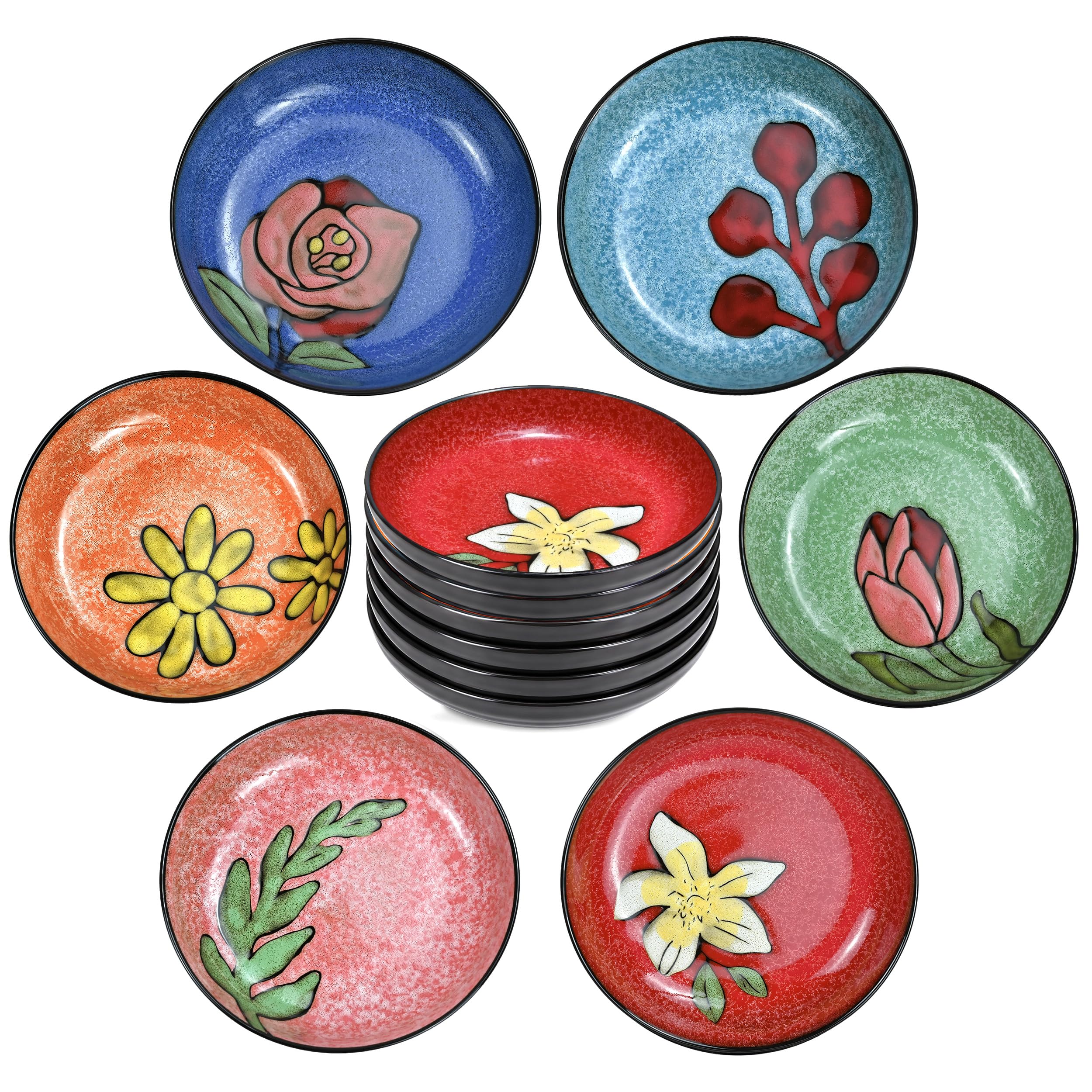 Ceramic Pasta Bowls Set of 6 - Floral Design 8 inch 23 oz Serving Bowls, Colorful Dinner Bowls for Soup,Salad, and Pasta, Kitchen, Microwave, Dishwasher Safe