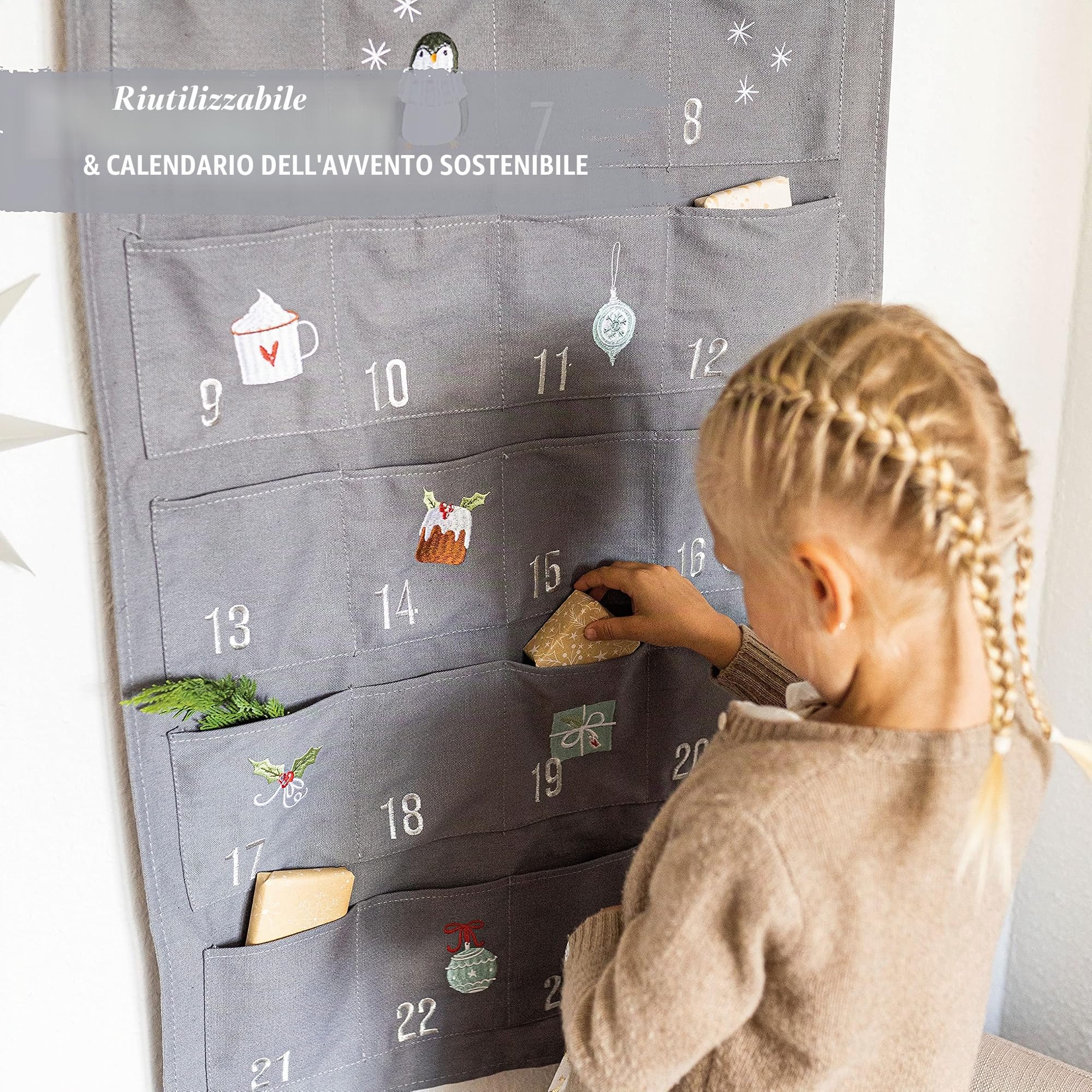 Papierdrachen - Calendario dell'Avvento da riempire in tessuto ricamato, con sacchetti, riutilizzabile, colore: blu/grigio e argento, set n. 35