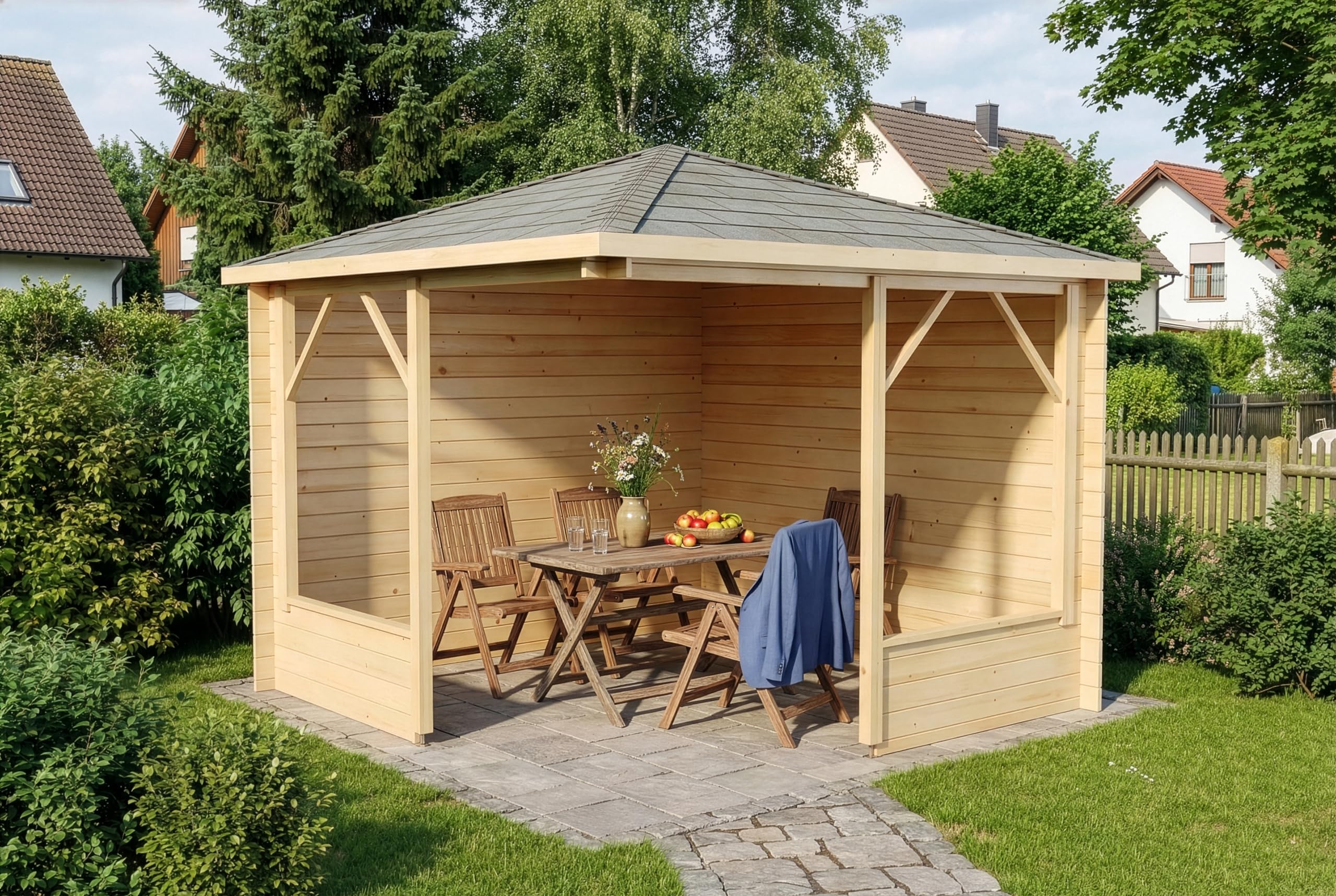 Alpholz 5-Eck Pavillon Maik-28 aus naturbelassenem Holz, 300 x 300cm mit 28 mm Wandstärke