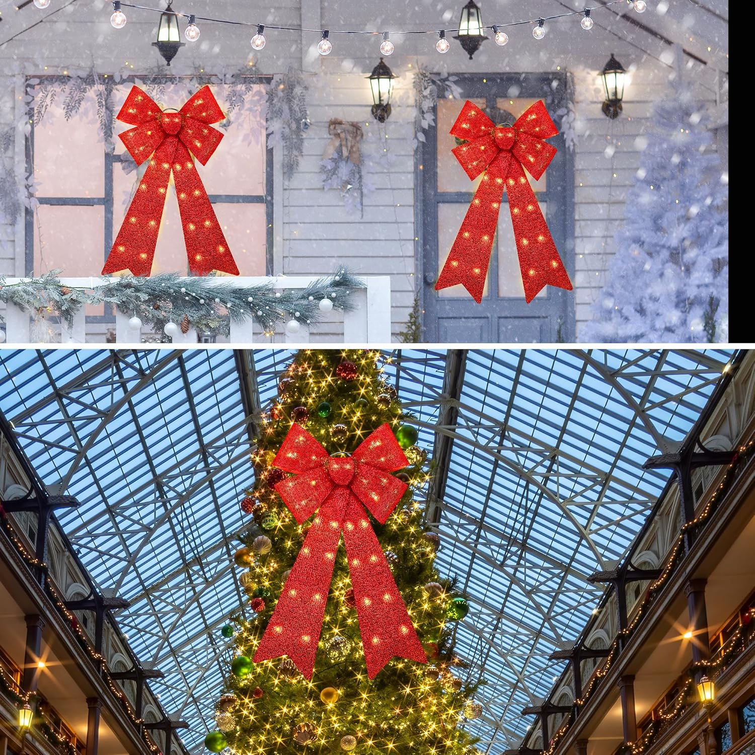 ANVAVO 2 Pieces LED Christmas Bow Christmas Tree Topper Bow Prelit Christmas Bows Decorations with Lights 35"x18" Large Xmas LED Lights Bow Battery Powered Christmas Bows for Wreath Garland, Red