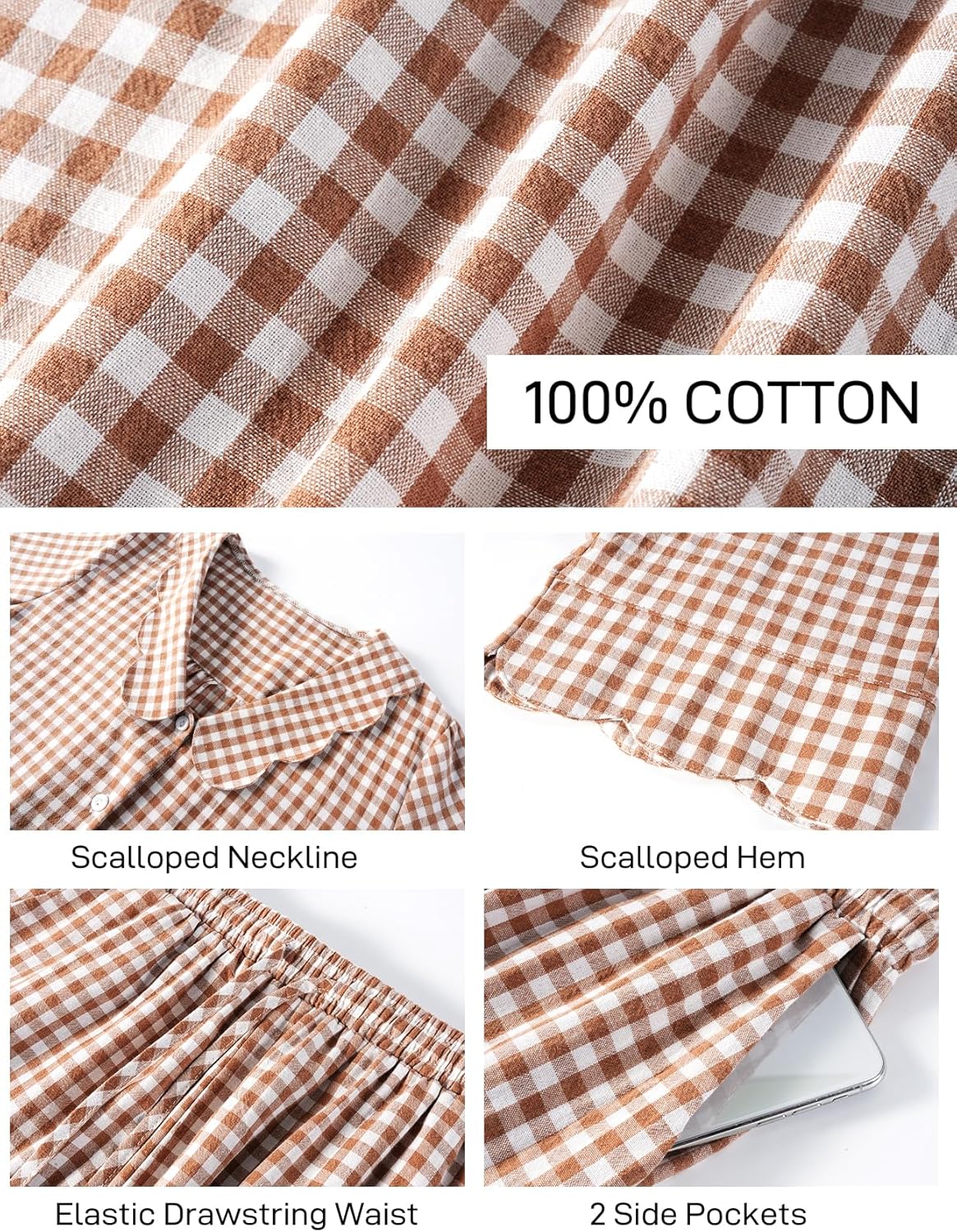 Flygo Womens Gingham Pajamas Set Cotton 2 Piece Pj Set Scalloped Collar Babydoll Shirt Pants Plaid Y2K Lounge Sets - Image 6