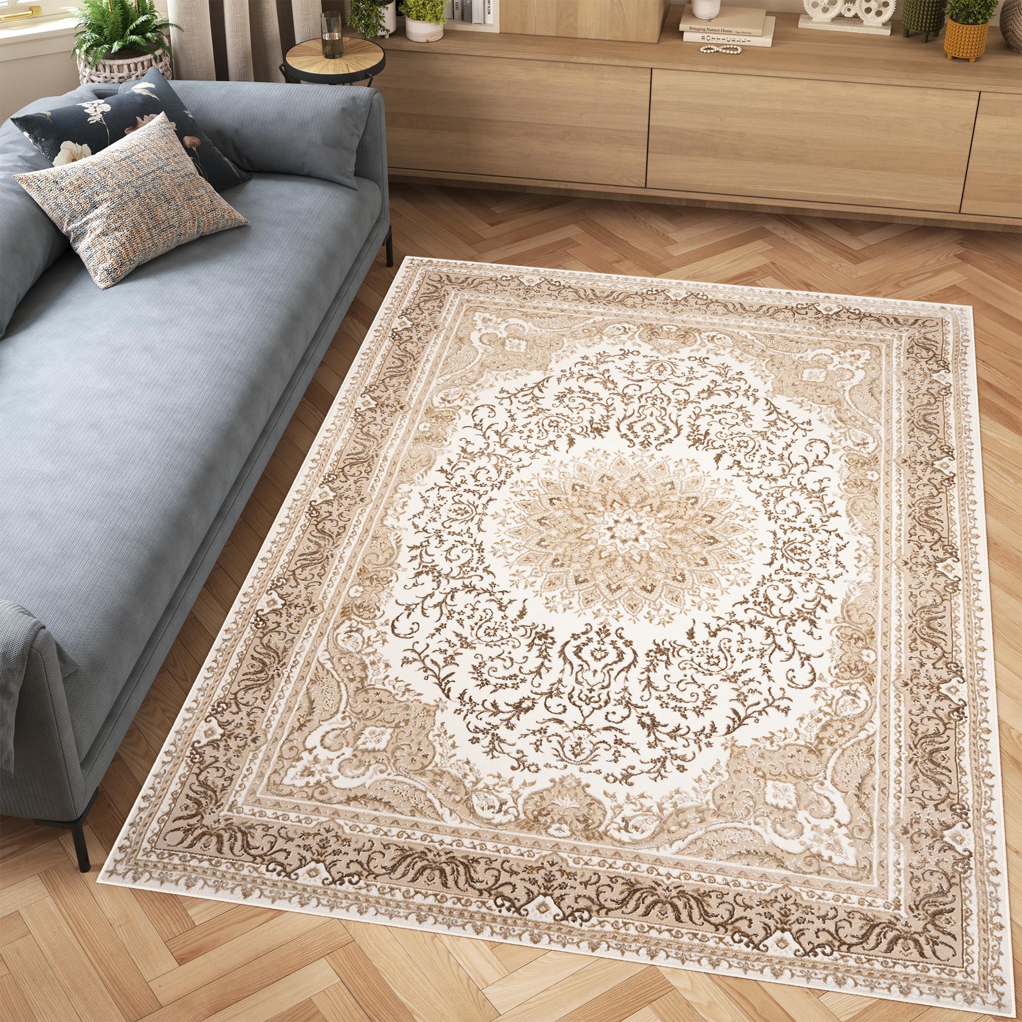 Tapis de salon facile à nettoyer anti-poussière à motif floral traditionnel