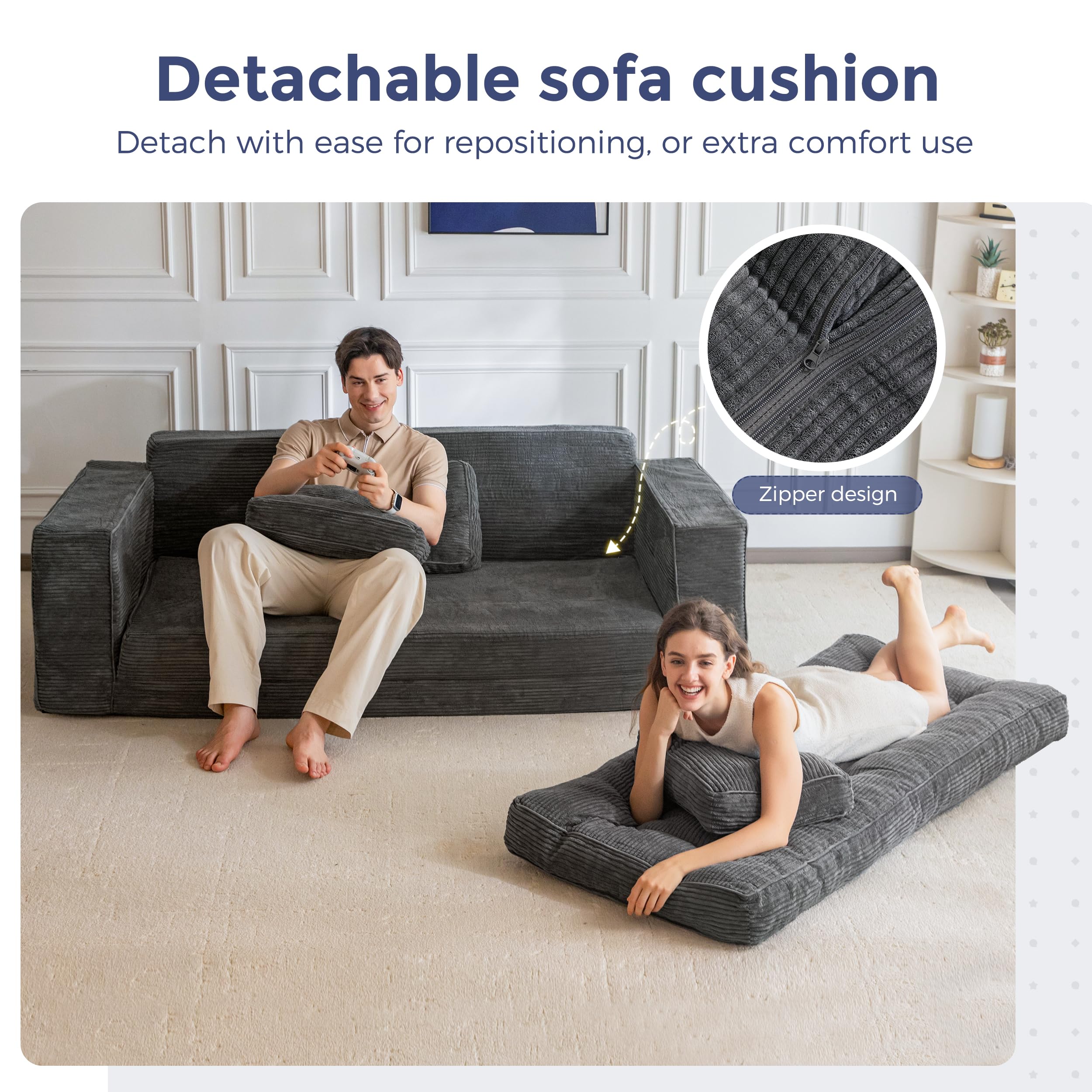 MAXYOYO Bodensofa Schlafsofa 190cm Breit mit Kissen, 2-in-1 Klappbar Cord Sofa 3 Sitzer mit Schlaffunktion, Liegefläche 101x196CM für Wohnzimmer, Schlafzimmer, Lounge | Ausziehbares Schlafsofa mit 2 Kissen, bequemes 2-in-1-Schlafsofa 3-Sitzer, 190x85 cm,