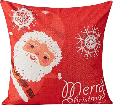 BEDSUM Linen Throw Pillow Cover 18 x 18 Inches, Decorative Cushion Cover, Square Pillow Cover with Red Santa Pattern for Couch, Bedroom, Office Chair, Living Room