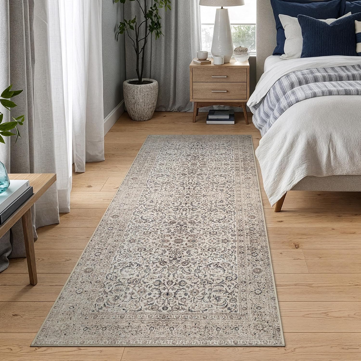 Traditional Beige & Off White Washable Bordered Rug by Bloom Rugs | Non-Slip