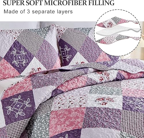 Miniatura 10 de Dinjoy Juego de edredón de retazos a cuadros florales, tamaño Queen, juego de ropa de cama reversible rosa y morado, juego de ropa de cama de