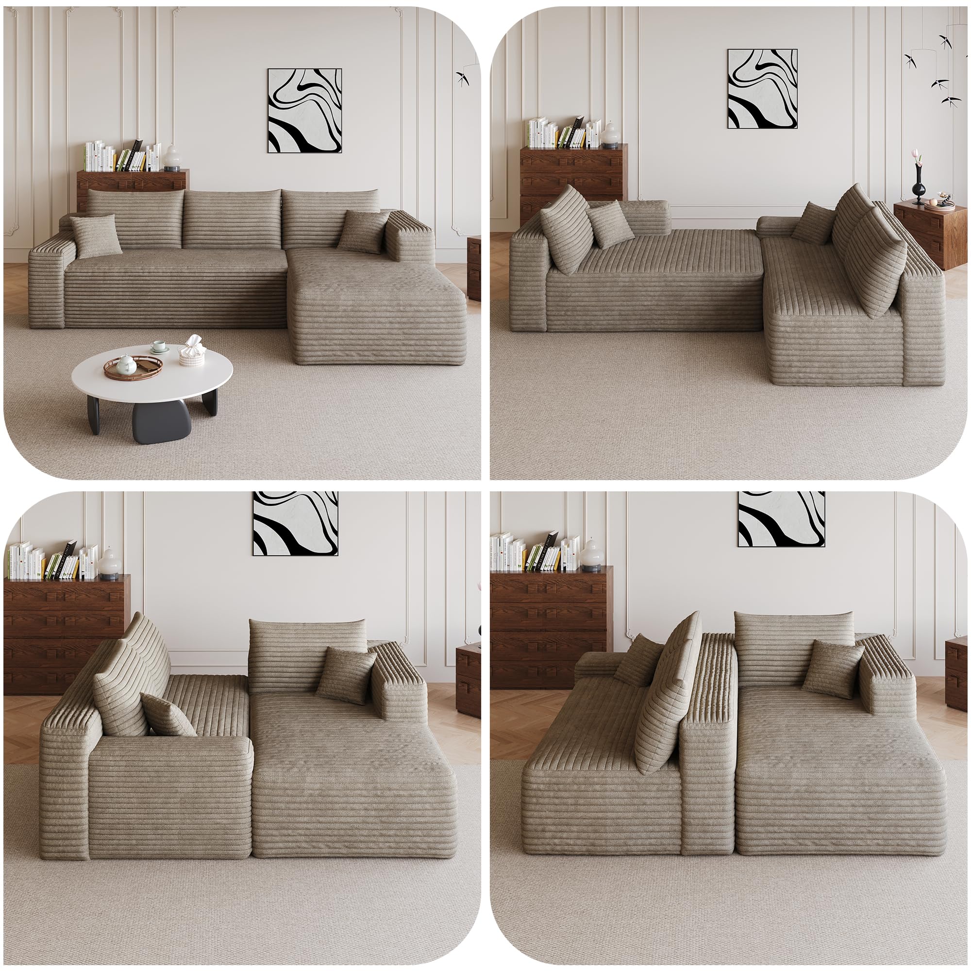 241 cm sofá convertible, sofá esquinero, sofá modular, asiento profundo, sofá de 3 plazas con meridiana, sofá comprimido en forma de L, color marrón claro