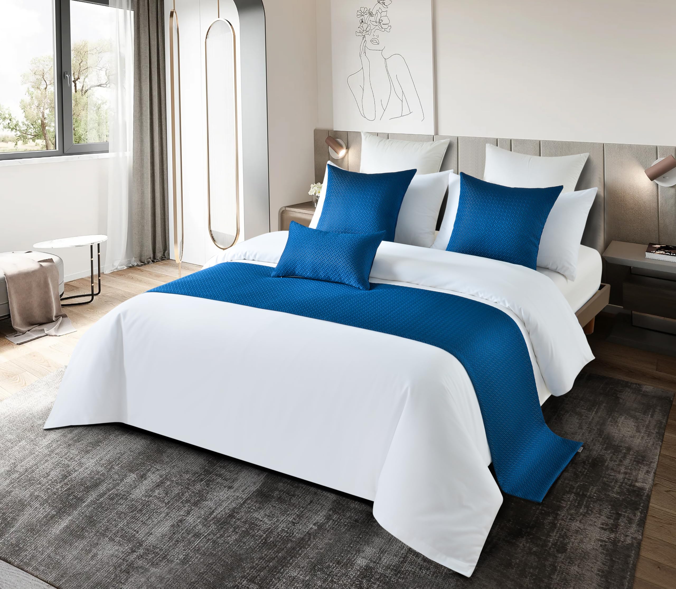 Luxuriöses Bettläufer-Set in Hotelqualität, inkl. Kissenbezug, 3 Größen (180 x 50 cm), 50 x 50 cm, dekorativer Kissenbezug, Boutique-Hotel-Stil, Schlafzimmer, Blau