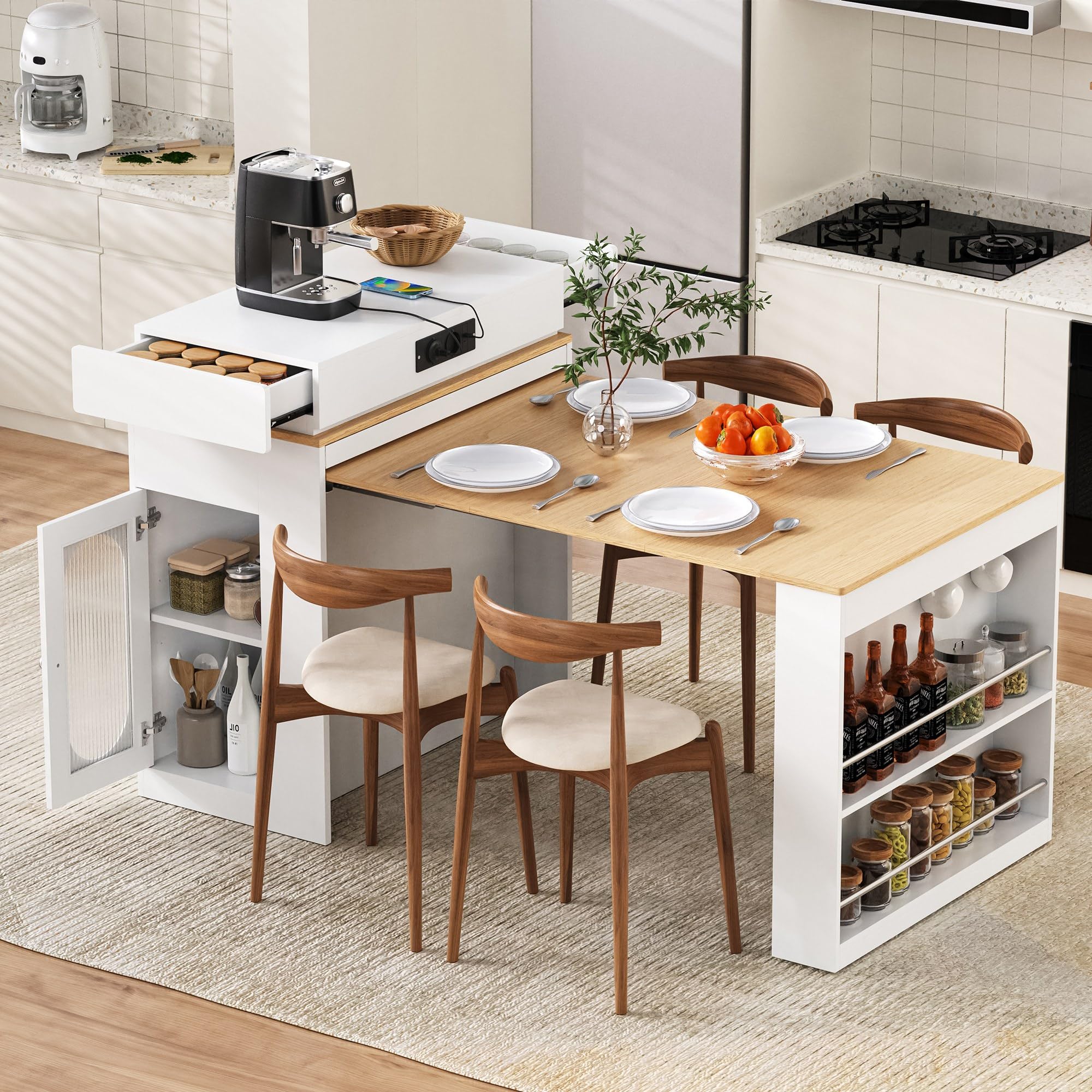 Modernes Kücheninsel mit Rollen, Ausziehbarer Esstisch mit Steckdosenleisten und Haken, als Kücheninsel, Sideboard oder Bartisch für Küche und Esszimmer, Weiß Holzoptik,J