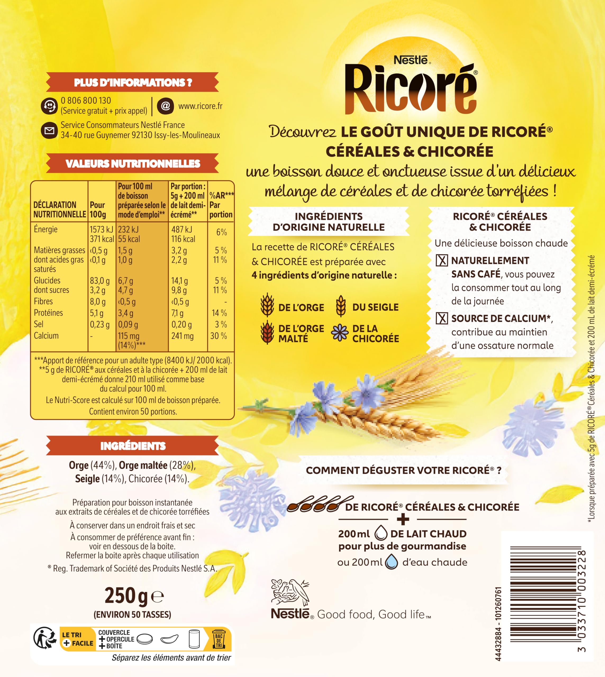 RICORÉ aux céréales, Chicorée & Céréales solubles, Boîte 250g - Pack de 6 Boites