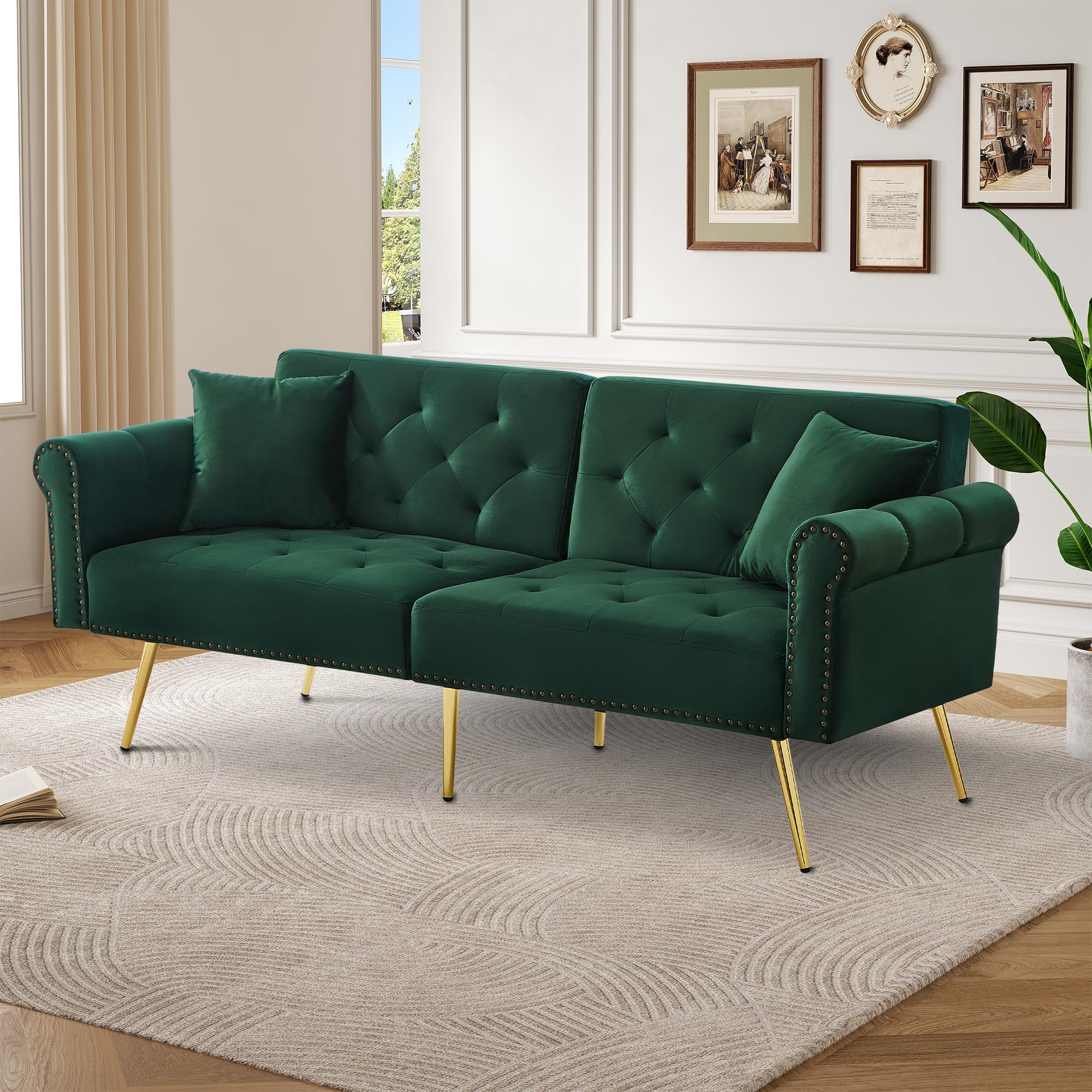 Nowoczesna 2-osobowa sofa z funkcją spania – aksamitne obicie, oparcie z 3-stopniową regulacją i pozłacanymi metalowymi nóżkami, stylowa sofa z funkcją spania – zajmuje mało miejsca, obciążenia