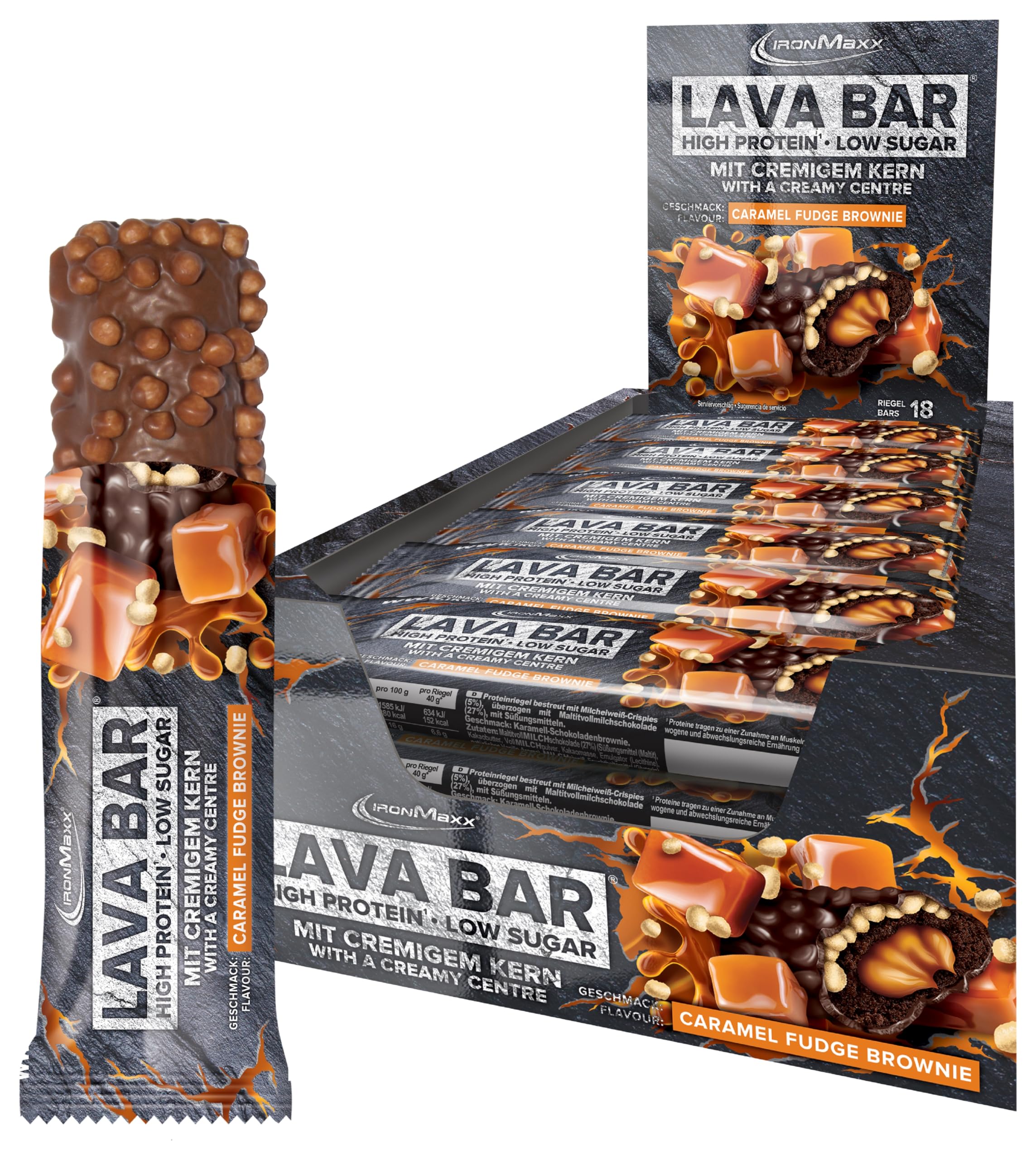 IronMaxx Lava Protein Bar - Karamell-Fudge-Brownie - 18x40g | Hochwertiger Proteinriegel mit cremigem Kern | Zuckerarm &