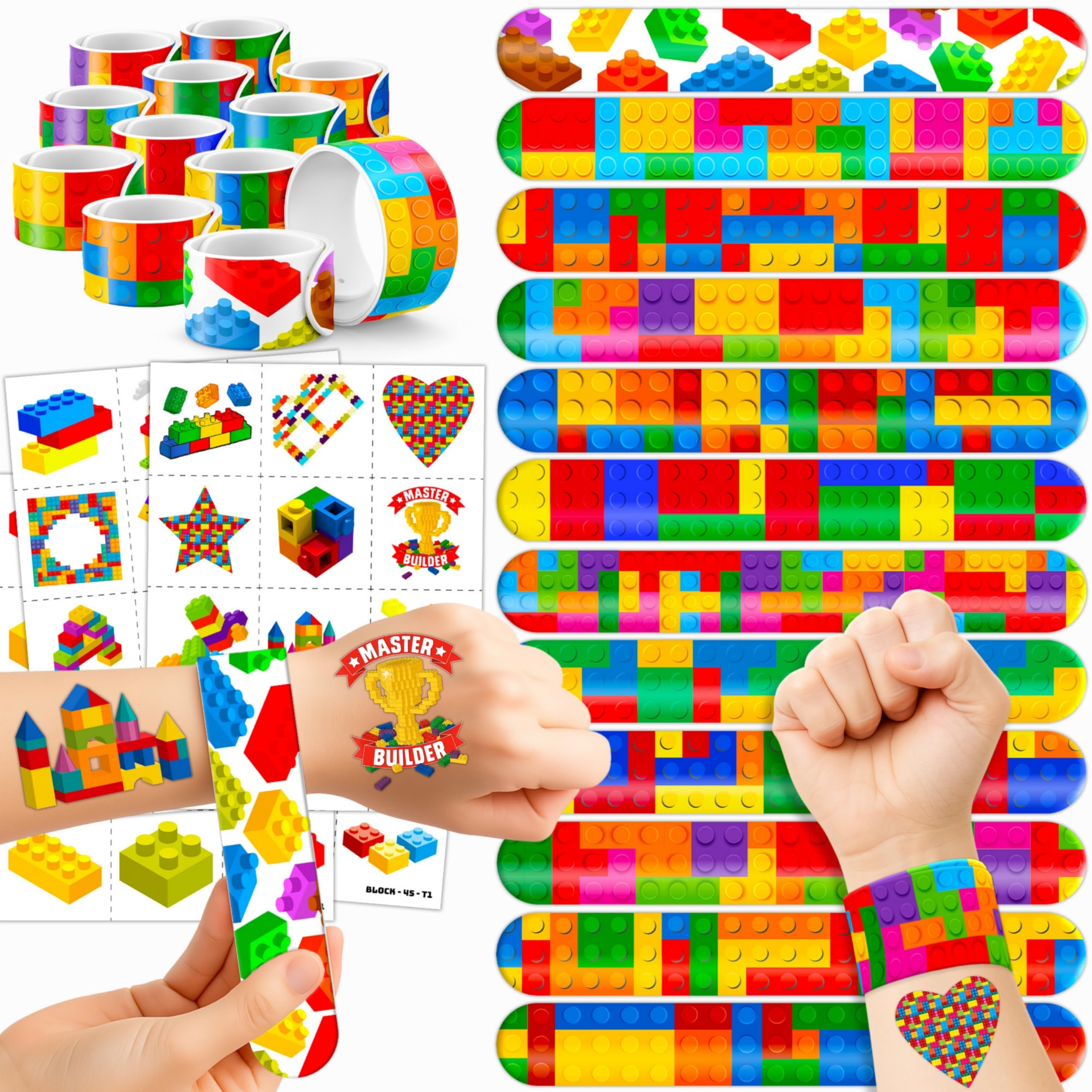 72PCS Building Block Party Favors - 48PCS Pre-cut Tattoos & 24PCS Slap Bracelets - Birthday Party Supplies, Classroom Prizes, Carnival Gifts, Christmas Decorations for Boys & Girls