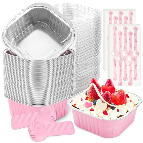 NPLUX 60 Pack Mini Cake Pans with Lids Mini Aluminum Pans, Disposable Loaf Pans Cupcake Liners with Lids for Pudding, Souffle, Party, Wedding, Mothers Day Party Favors(Pink, 10 oz)