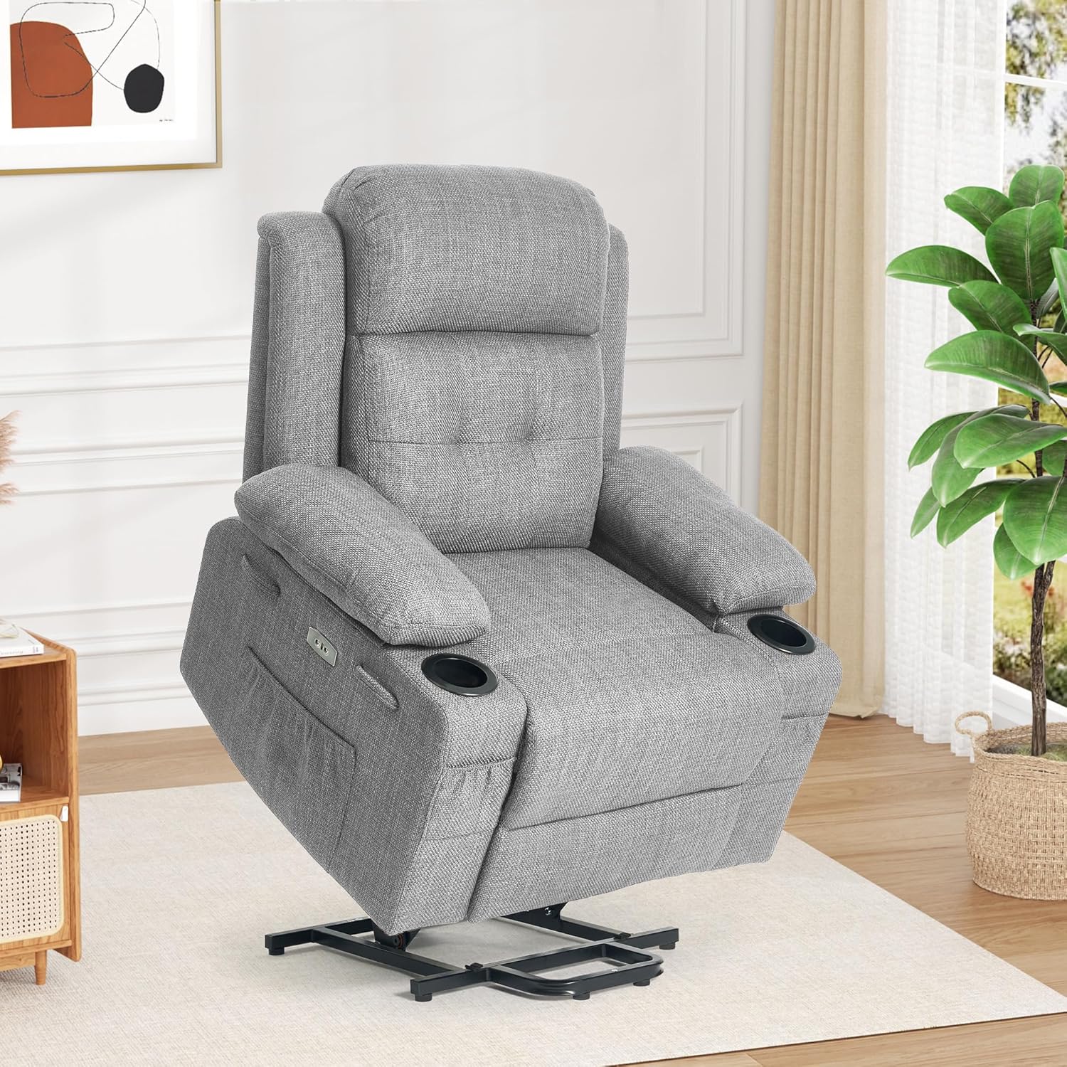Power Lift Recliner Chair for Elderly with Massage & Heat,Linen-Cotton, Electric Recliner with USB Ports, Cup Holders, Side Pockets, Lift Chair for Living Room, Bedroom