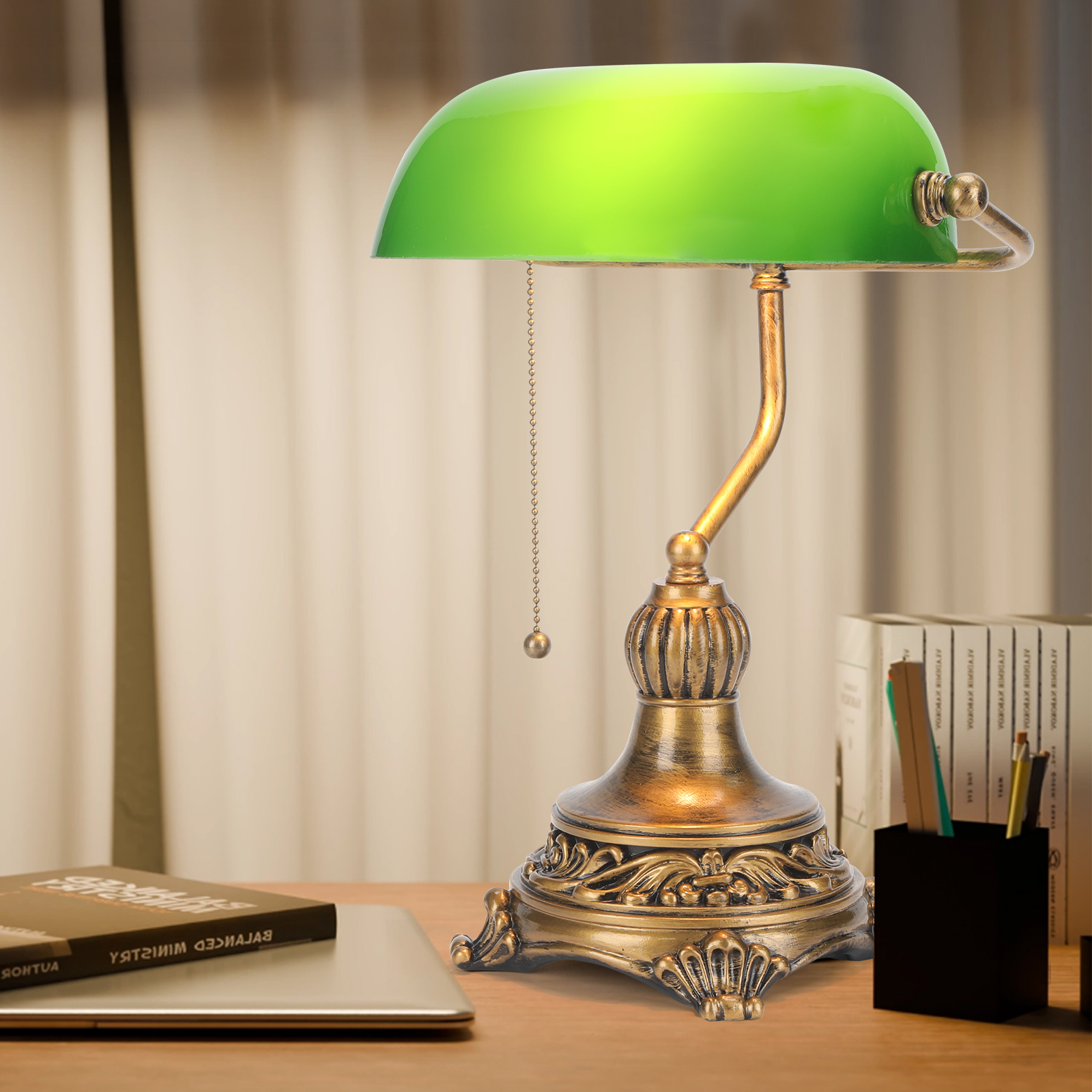 NISSAFORS Bankers Lamp with Pull Switch, Green Glass Desk