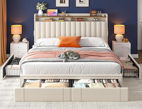 Miniatura 5 de EnHomee Base de cama tamaño King, base de cama tapizada tamaño King con 4 cajones de almacenamiento y estantes de cabecera de 2 niveles, resistencia