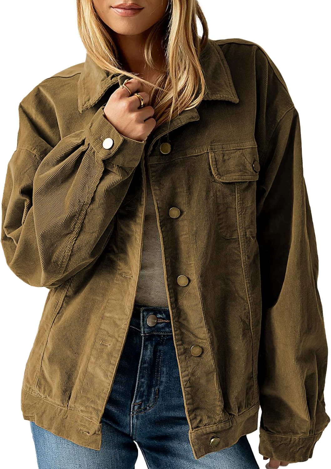Women's Corduroy Shacket Oversized Jacket Vintage Button Down Shirt Jacket with Chest Pockets Fall Winter Layering - Image 2