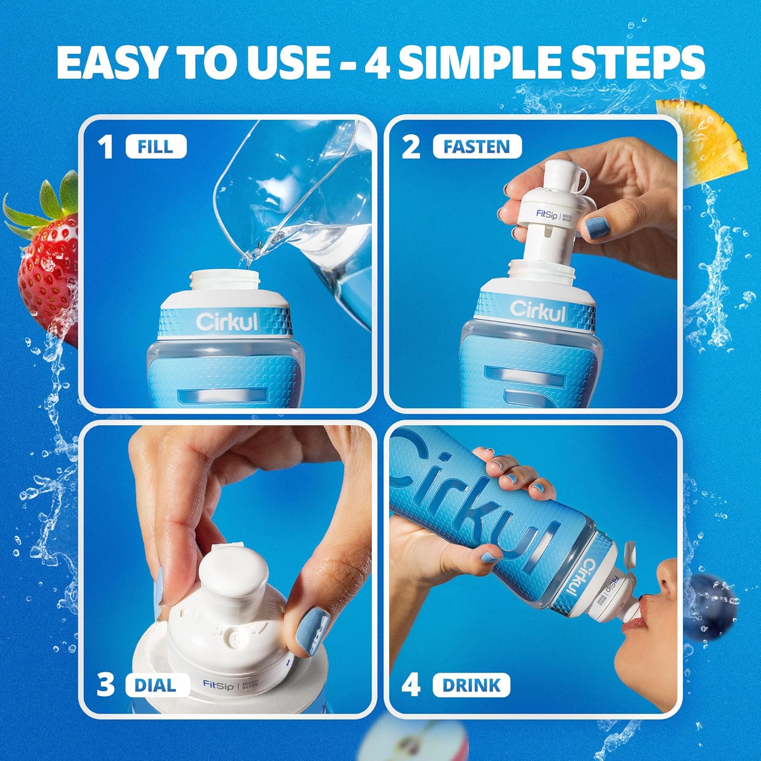 Cirkul 22oz. Blue Plastic Grip Squeeze Water Bottle & Sport Lid, BPA-Free, Non-Slip Design for Gym, Biking & Sports with Flavor Cartridge Included (FitSip Mixed Berry)