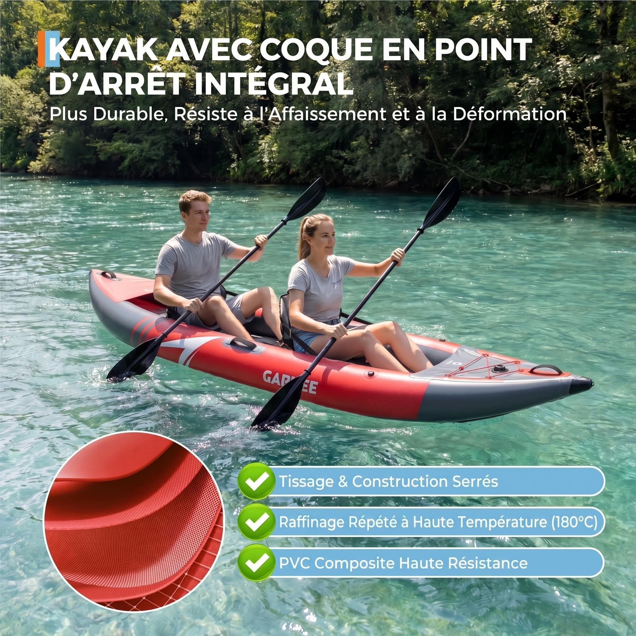 Garvee Kayak Gonflable 2 Personnes 12,5 Pieds – Siège rembourré, 3 ailerons – PVC Robuste, Pliable – Pompe, Sac, kit réparation – Capacité 204 kg – Pêche et Loisirs – Taille 381×95×42 cm