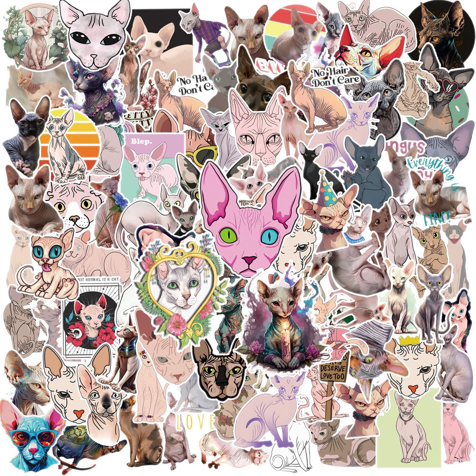 110 Pcs Sphinx Hairless Cat Cute Cartoon Waterproof Vinyl Stickers for Adults for Water Bottles Laptop Suitcase for Birthday Party Supplies Halloween Decoration Favors