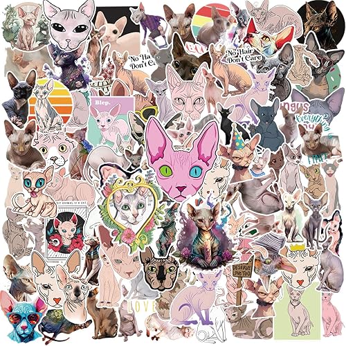 110 calcomanías de vinilo impermeables de dibujos animados de gato sin pelo de esfinge para niños, niñas, niños, adolescentes y adultos para