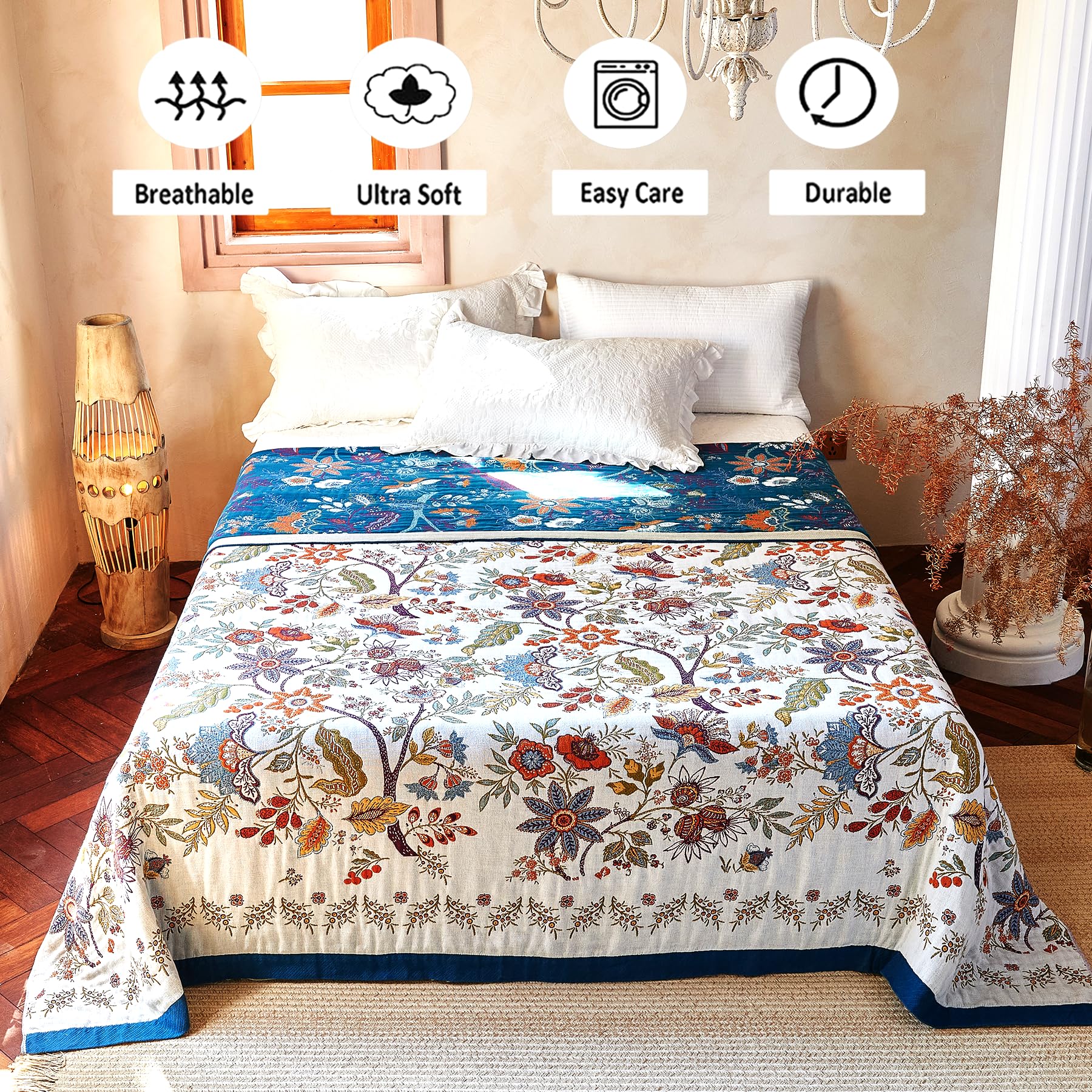 VANJOROY Sofaüberwurf aus 100 % Bio-Baumwolle, 150 x 200 cm, weich, hautfreundlich, doppelseitig, Boho-Blumenmuster, Beige, Überwurf für 2- und 3-Sitzer, Sessel, Couch und Tagesdecke.