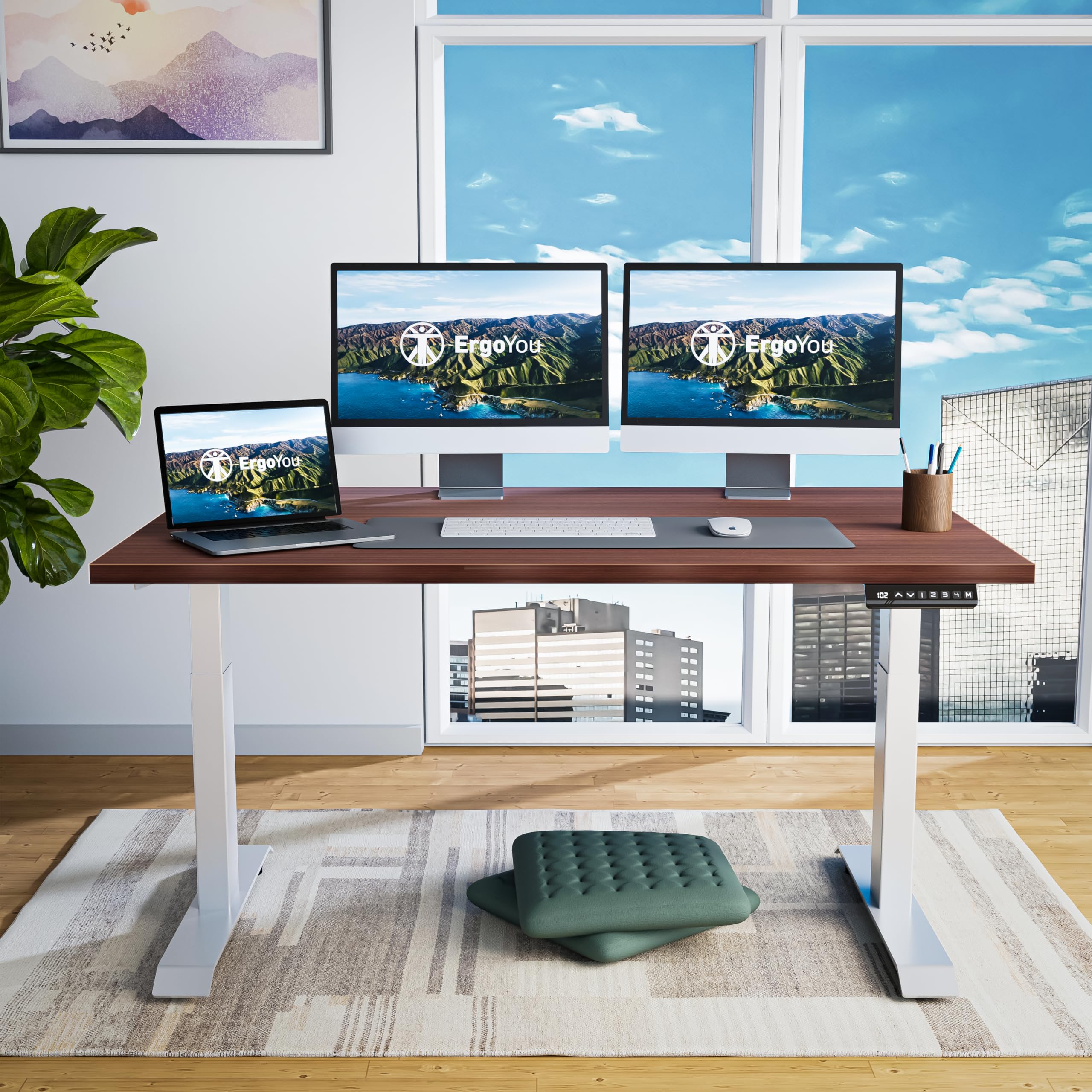 ErgoYou Premium Electric Height Adjustable Table Heavy Duty - Dual Motor 3 Stage - 150 Kgs Max Weight Capacity - E3A Series - Ergonomic Sit Stand Desk - 59 x 29.5 inches - Walnut Laminate Table Top