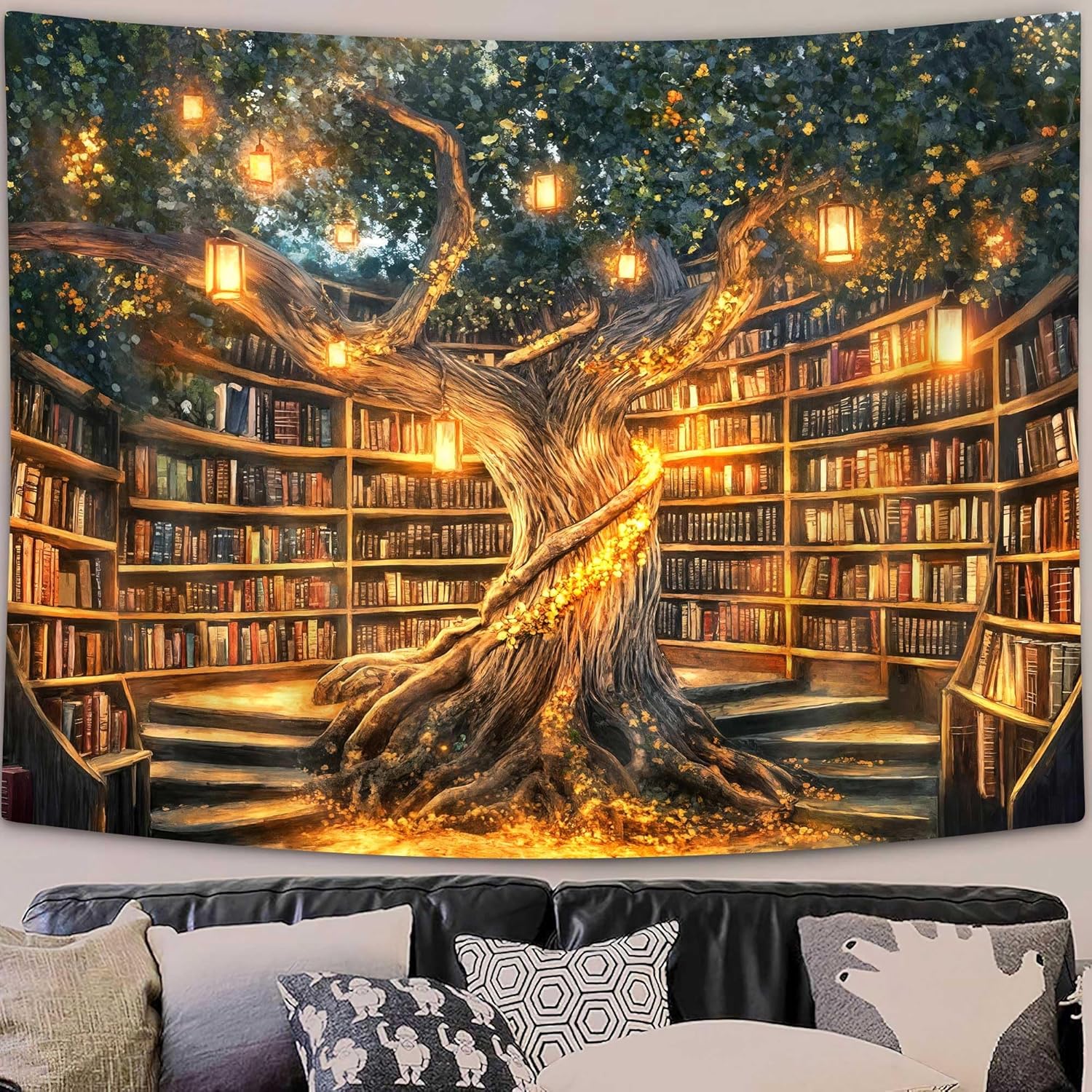 Fantasy Library Tapestry, Mysterious Forest Tree Magic Bookshelf Aesthetic Tapestries , Witchy Fairytale Vintage Bookshelf Book Art Tapestry Wall Hanging for Classroom College Room Bedroom, 90X70IN
