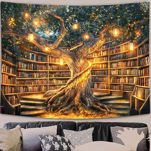 Fantasy Library Tapestry, Mysterious Forest Tree Magic Bookshelf Aesthetic Tapes