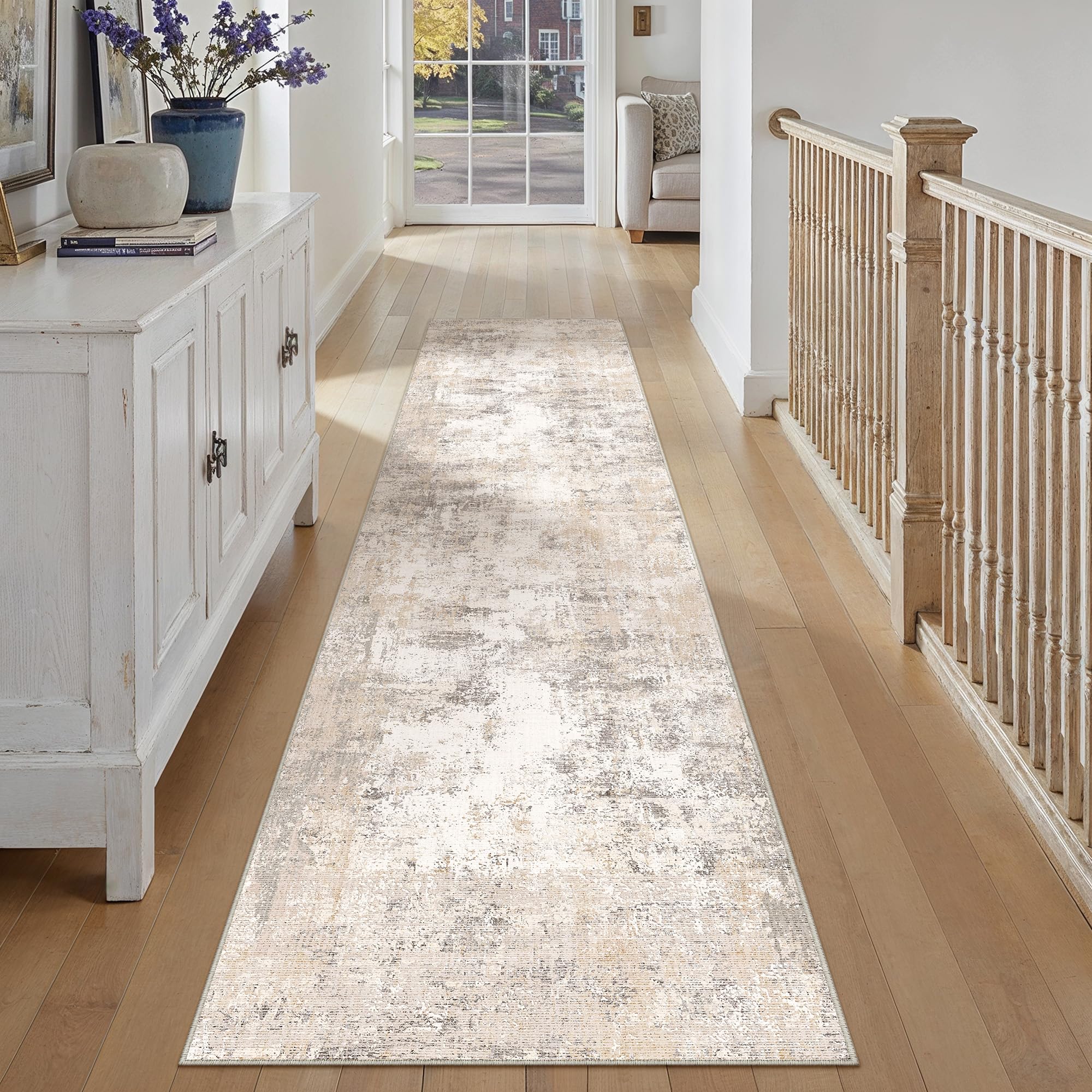 wondrg 2x12 washable runner rug beige grey abstract modern hallway kitchen living room bedroom non slip throw rug soft distressed low pile indoor carpet for entrance laundry dining room bathroom