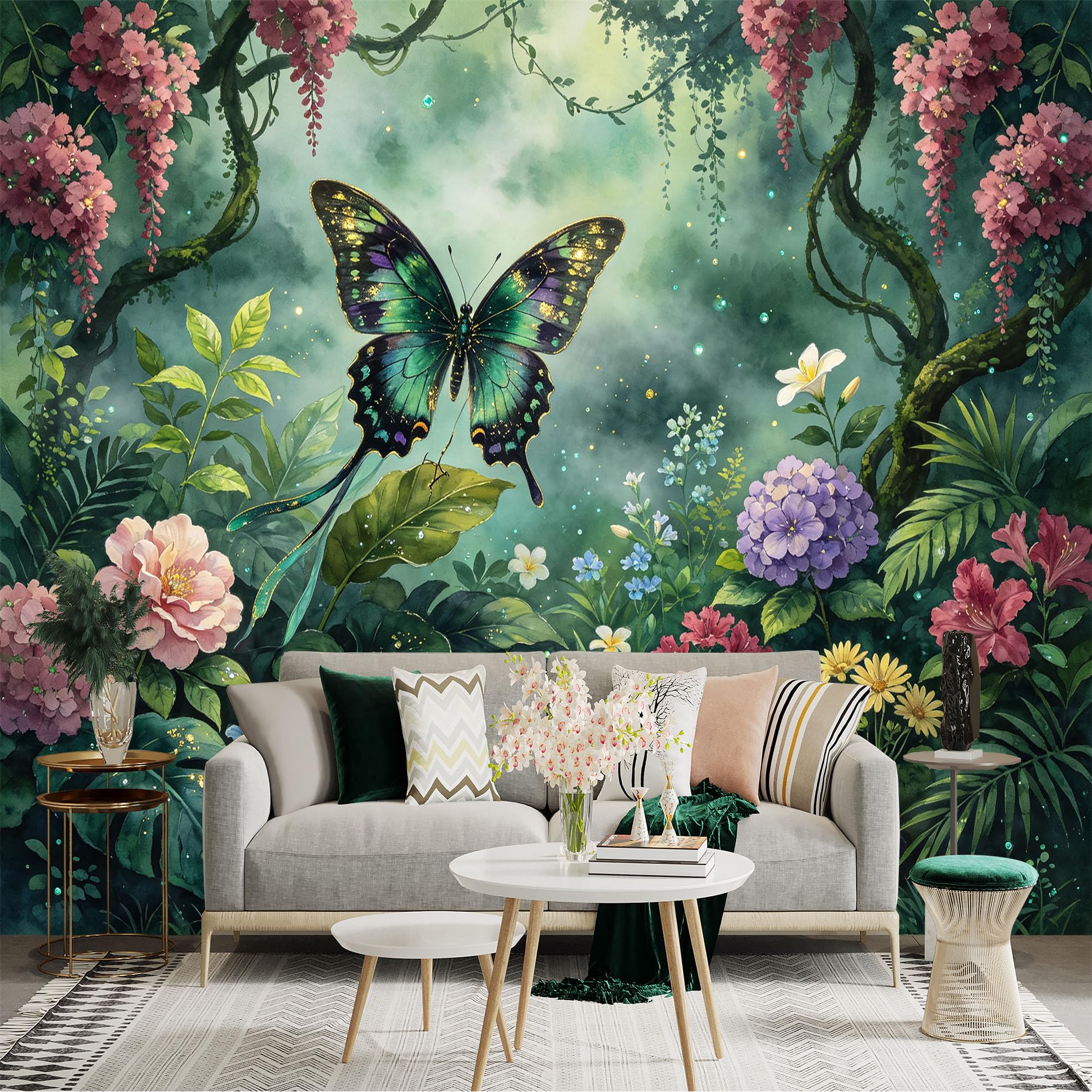 Lnzczhyre Bh260719482 Custom Size Wall Sticker Mural， Enchanted Butterfly In Magical Floral Garden， Vibrant Watercolor Botanical Scene， For Wall Decoration， Peelandstick Wall Decals.